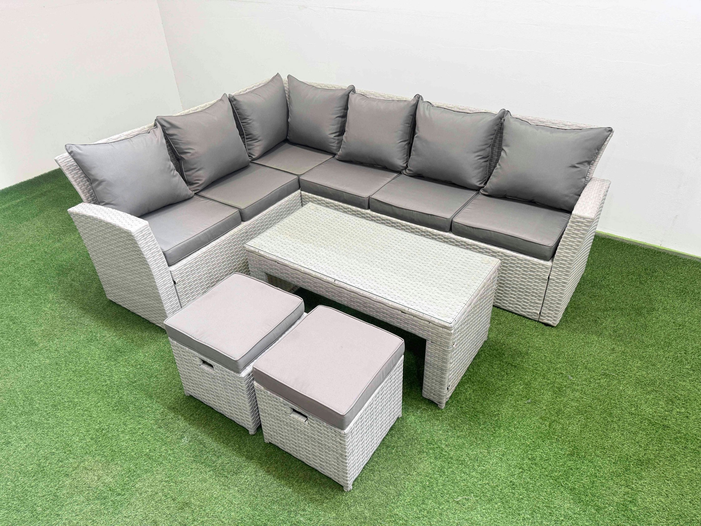 Fimous Light/Grey Rattan Garden Furniture Set Outdoor 8 Seater Corner Sofa Sets With Oblong Coffee Table 2 Small Footstools Mixed