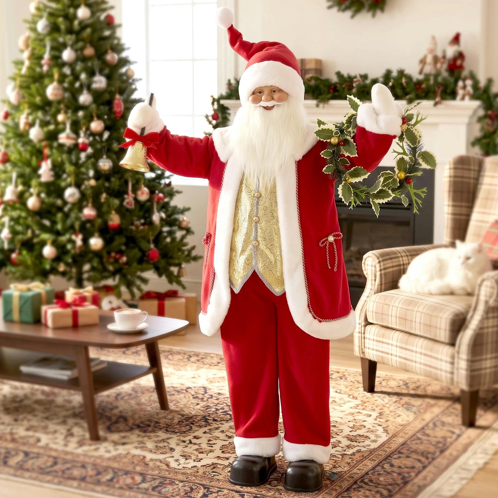 Homcom Red 5Ft Life Size Singing Santa Claus, Standing Christmas Animated Santa Figure With Bell And Wreath, Sound/Touch Activated - Image 4