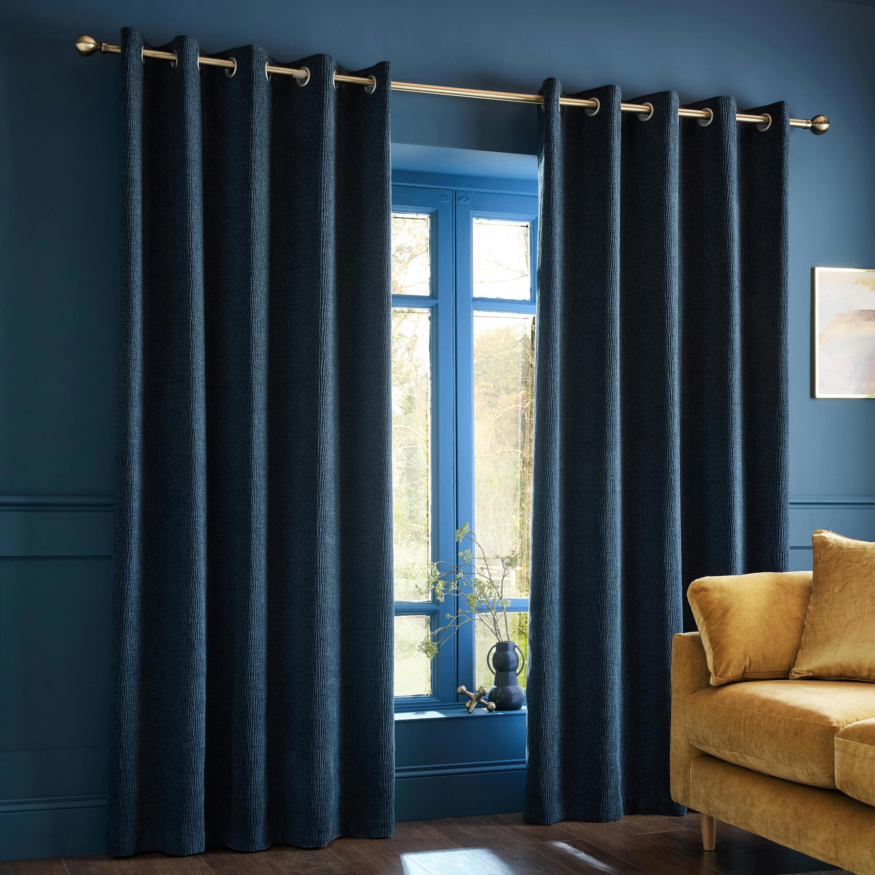 Catherine Lansfield Blue Crinkle Chenille Lined Eyelet Curtains - 46 X 90 Inch