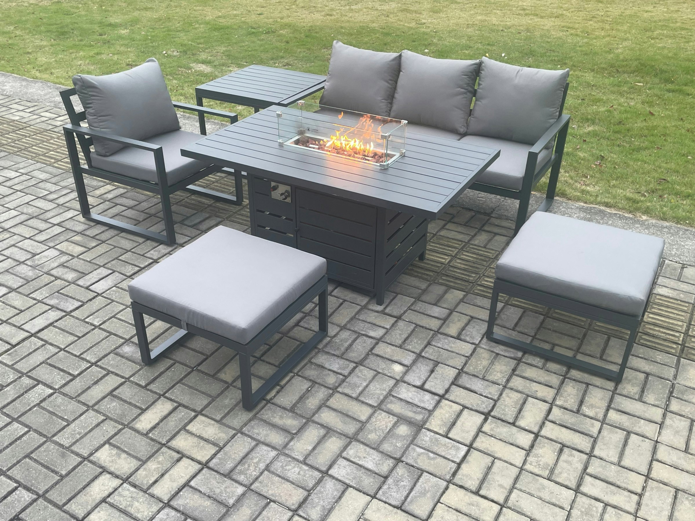 Rackhams Dark/Grey Aluminium 6 Pieces Garden Furniture Sofa Set With Cushions Gas Fire Pit Dining Table Set With 2 Big Footstools Side Table