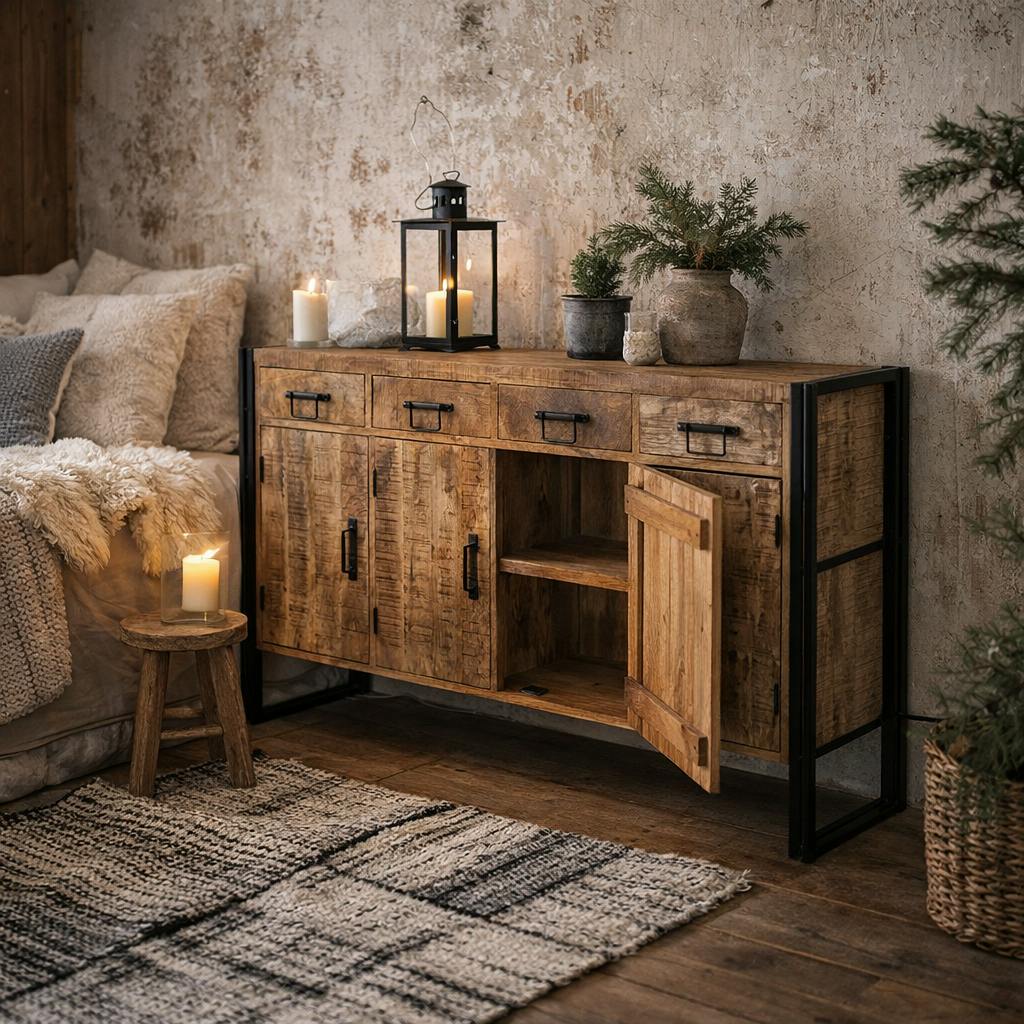 Wyld Haus Light/Grain Toivakka Industrial Reclaimed Wood Large Sideboard 4 Drawers 4 Doors