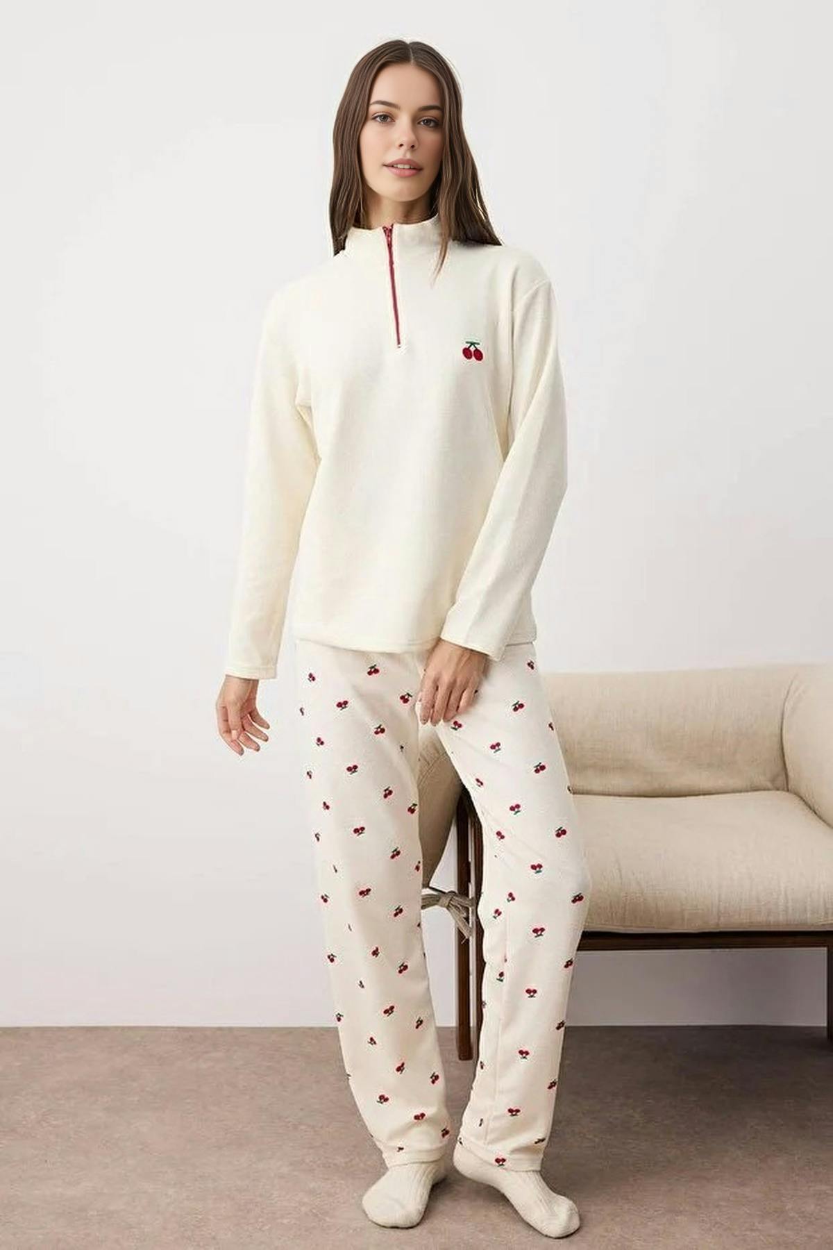 Wovcor 2-Piece Cherry Patterned Zippered Soft Winter Waffle Knit Pajama Set - Ecru - L