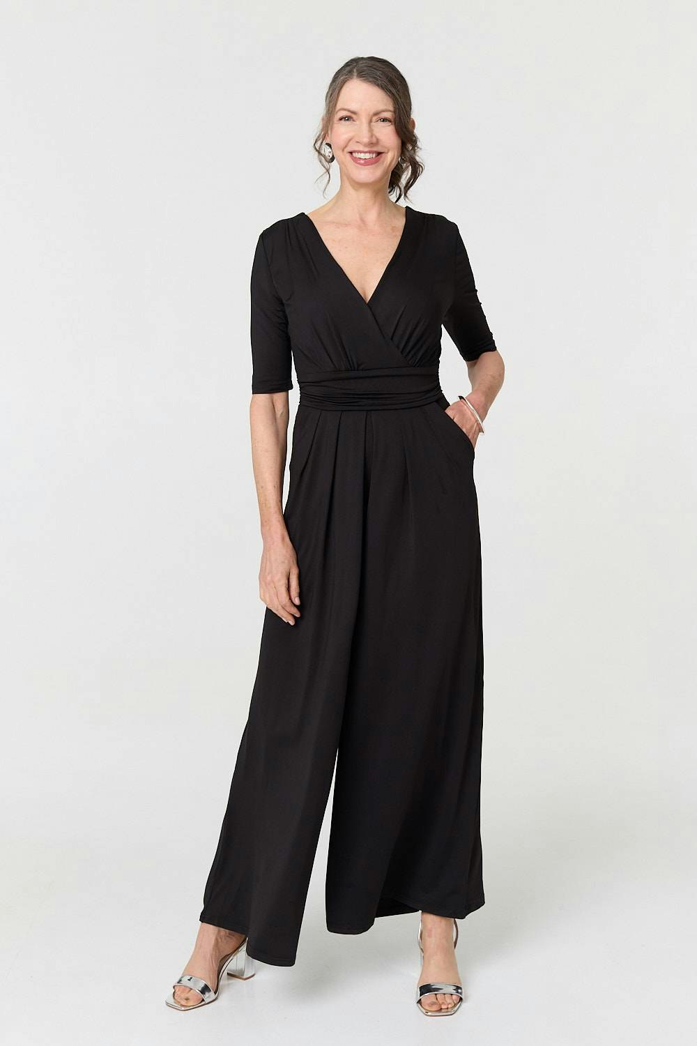 Izabel London Women's Black 1/2 Sleeve Wrap Waist Wide Leg Jumpsuit - 10