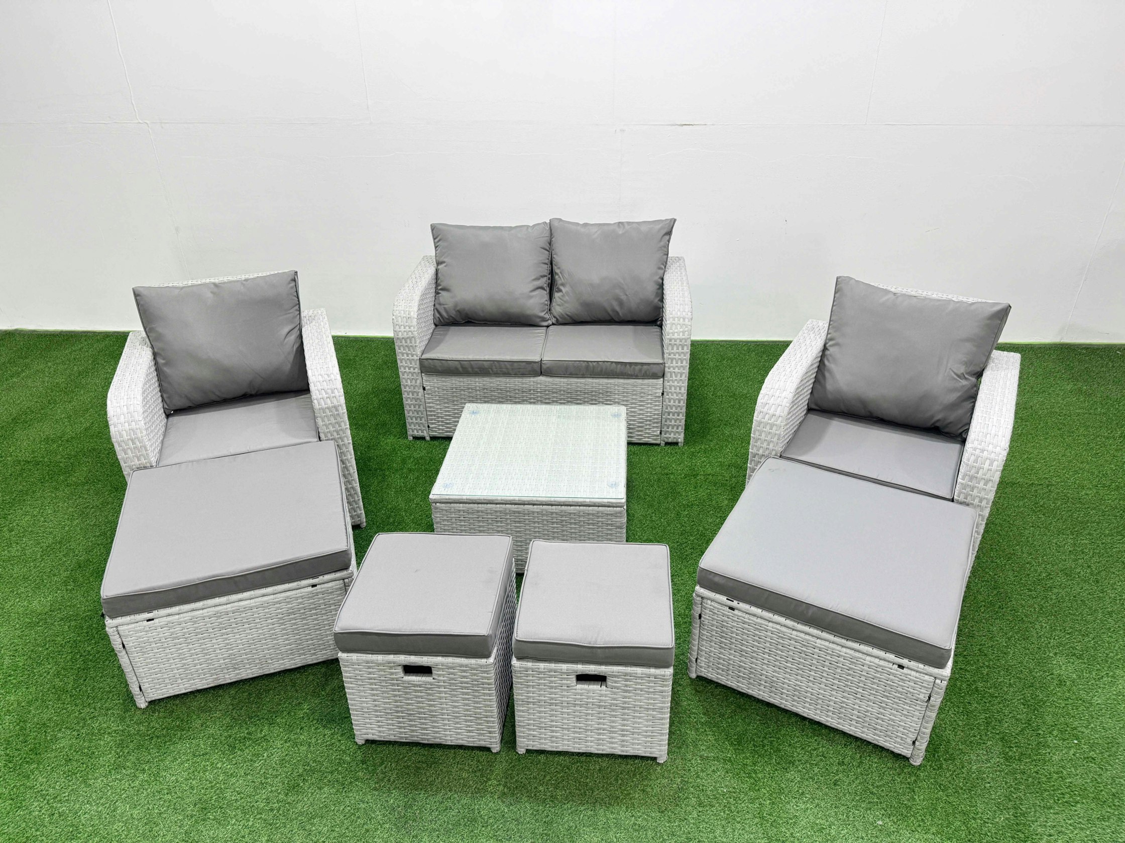 Fimous Light/Grey Outdoor Garden Furniture Set Pe Rattan Love Sofa Reclining Chair Set With Coffee Table 4 Footstools