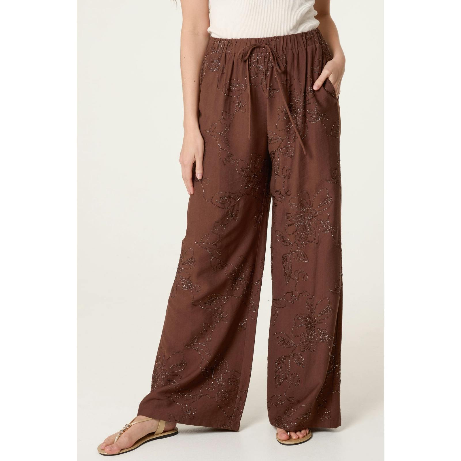 Blue Vanilla Blue/Brown Vanilla Embroidered Pattern Wide-Leg Trousers - M