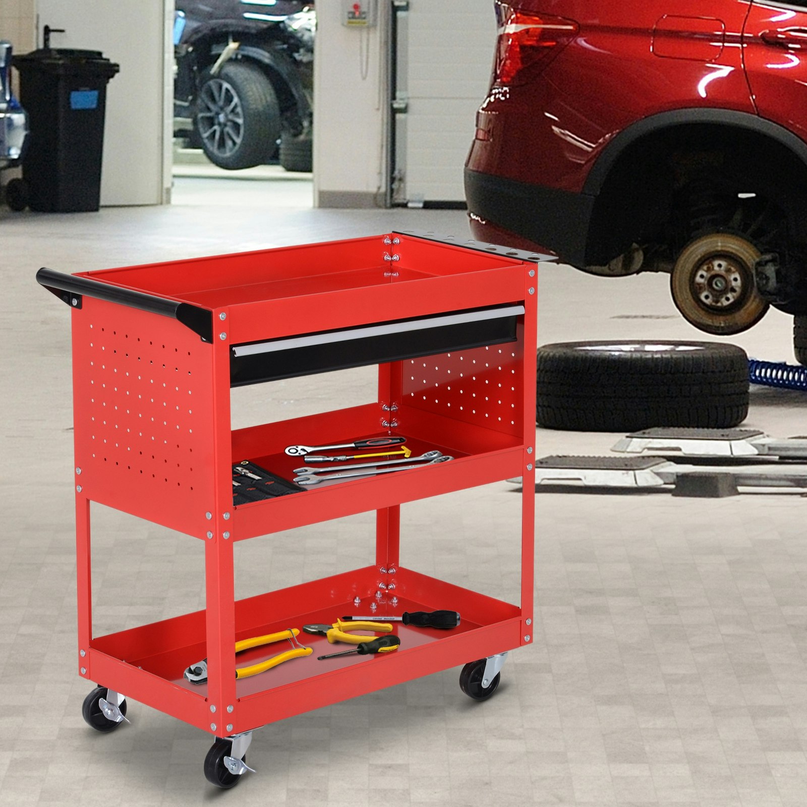 Rackhams Durhand 3-Tier Tool Trolley Cart Storage Shelf Roller Cabinet