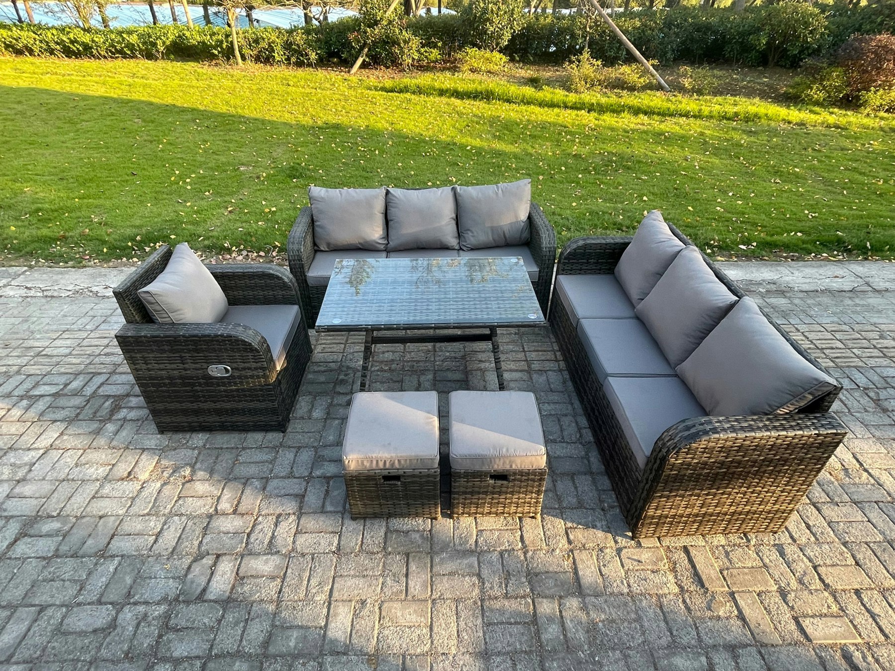 Fimous Dark/Grey Outdoor Lounge Sofa Set Wicker Pe Rattan Garden Furniture Set With Rectangular Dining Table Reclining Chair 2 Small Footstools Mixed