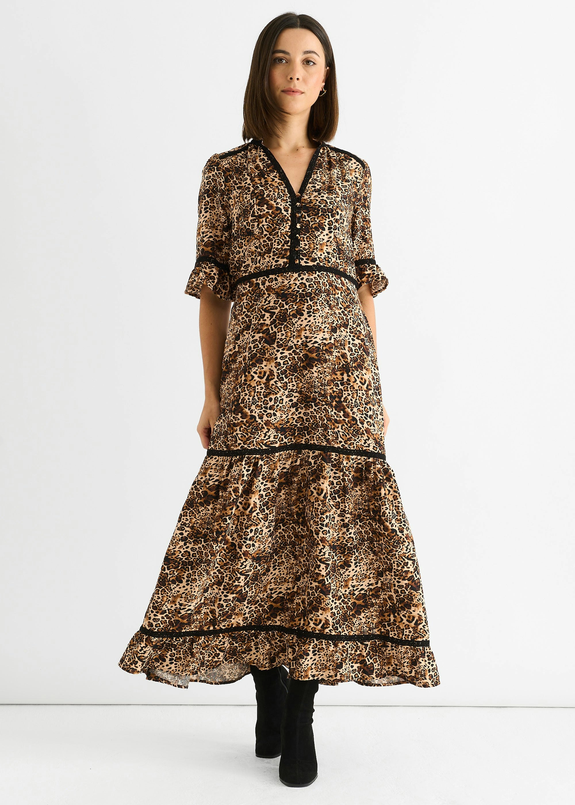 Gini London Brown Animal Print Lace Trim Tiered Midi Dress - Uk 14 / Us 10 / Eu 42