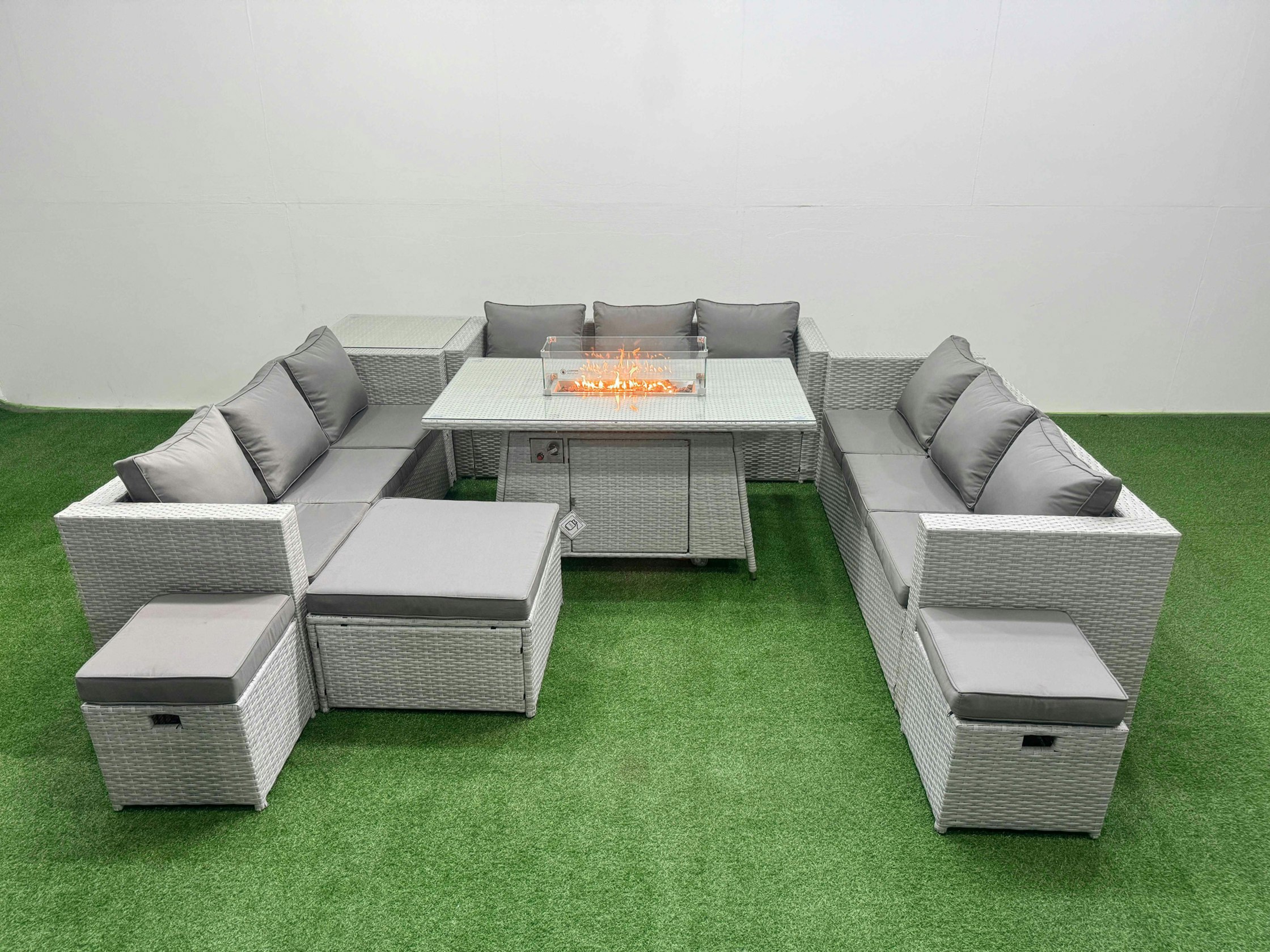 Fimous Light/Grey Pe Rattan Lounge Sofa Set Outdoor Garden Furniture Set With Fire Pit Dining Table 3 Seater Sofa Side Table 3 Stools