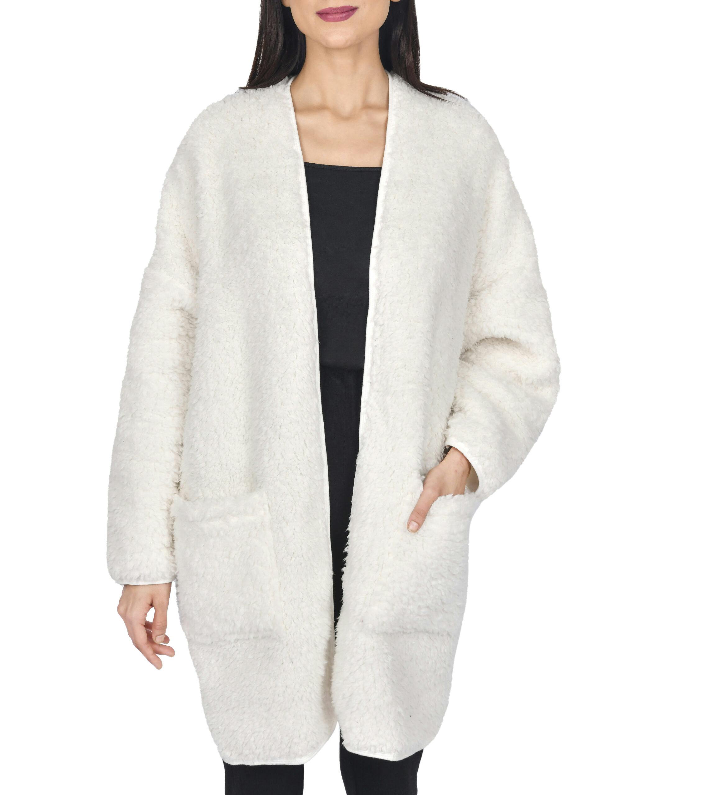 Smart Living Women's Cream Borg Bathrobe With Ribbed Placket - L/Xl