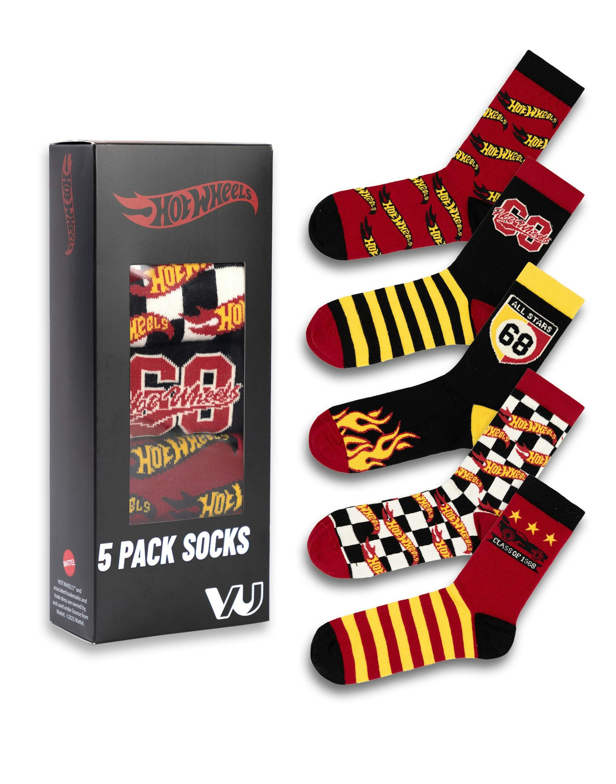 Vanilla Underground Men's Hot Wheels Multicoloured Checkerboard And Flames Calf Socks Set Of 5 - 7-11 Uk