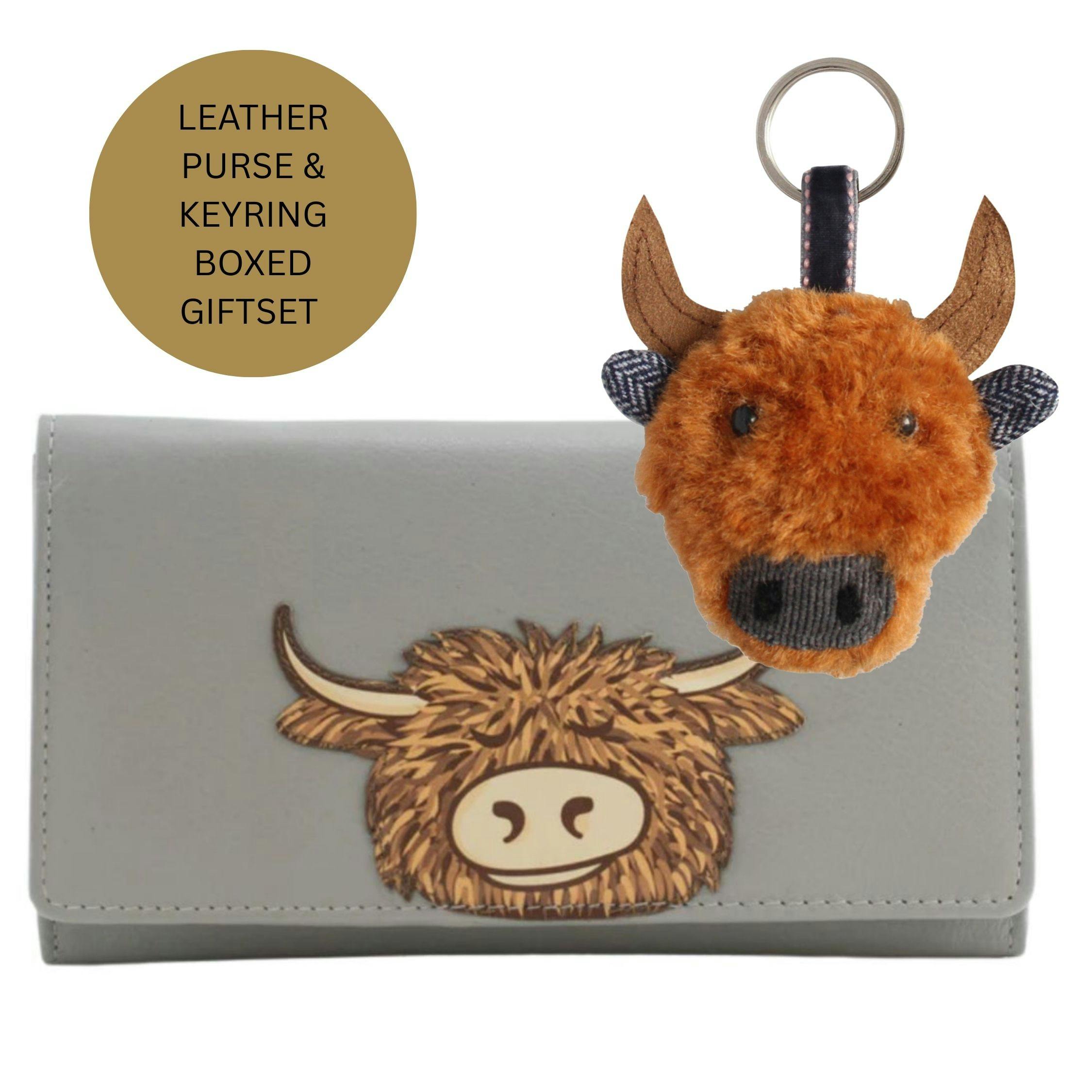 Love Emvy Grey Leather Highland Cow Purse & Keyring Gift Set
