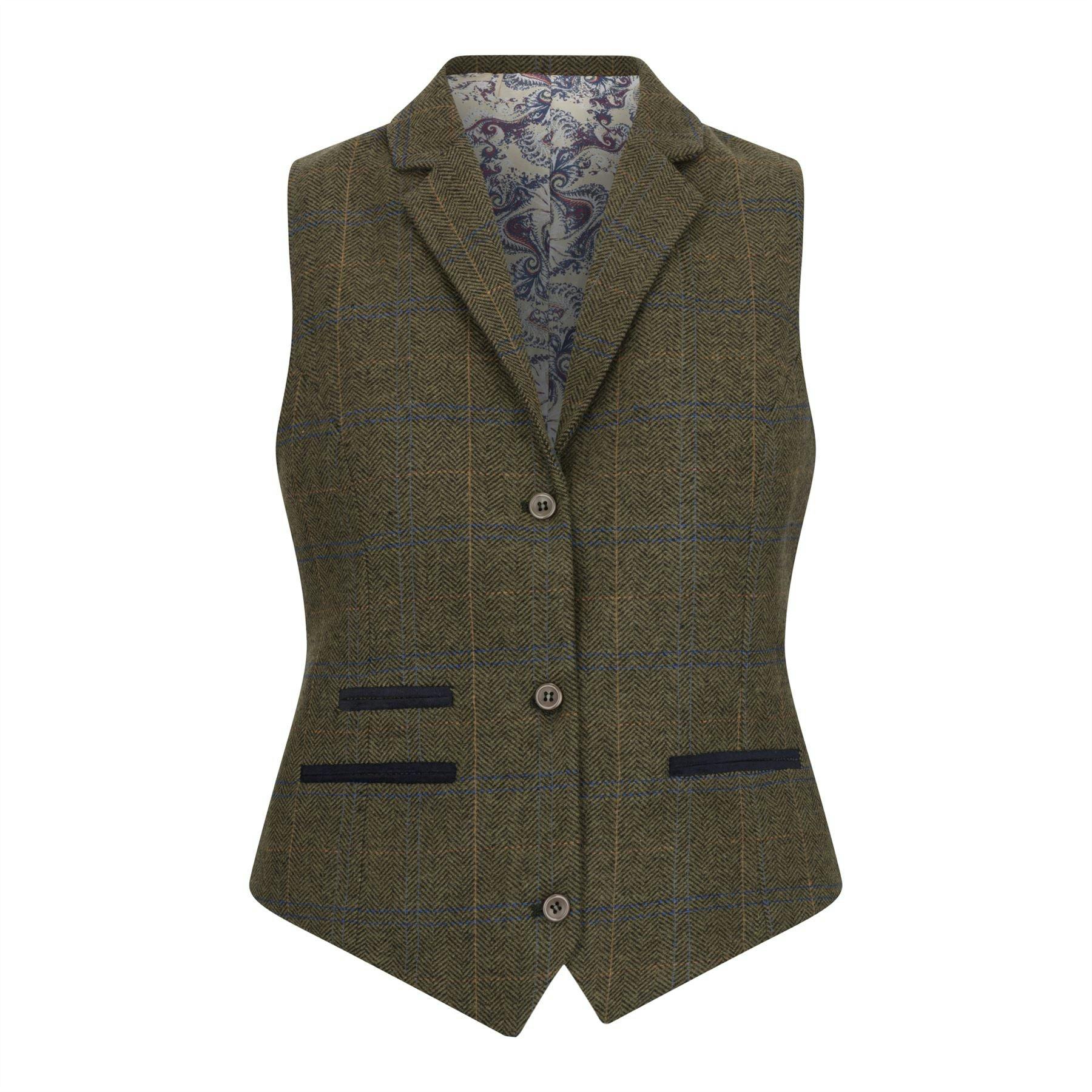 Truclothing Women's Green Olive Tailored Fit Tweed Waistcoat In Herringbone Check - Olive - Uk L/14 | Eu 40 | Us 10