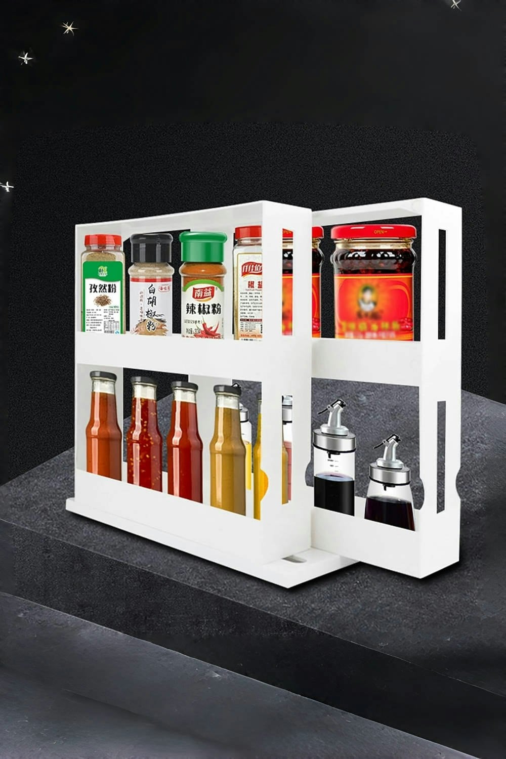 Rackhams White 2-Tier&2-Row Rotating Jars Spice Rack Kitchen Storage Holder Shelf Cabinet Organizer