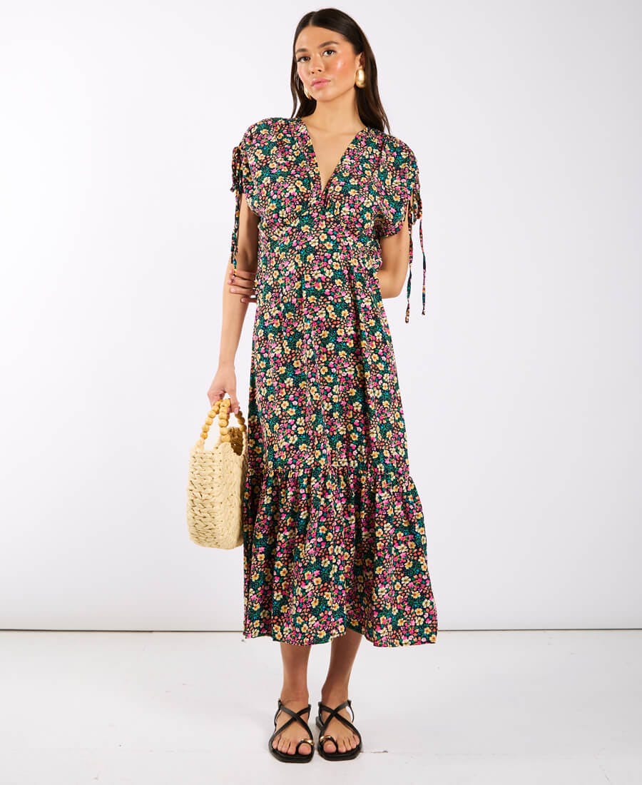 Needs No Label Light Multicoloured Floral Gathered Sleeve Midi Dress - 10