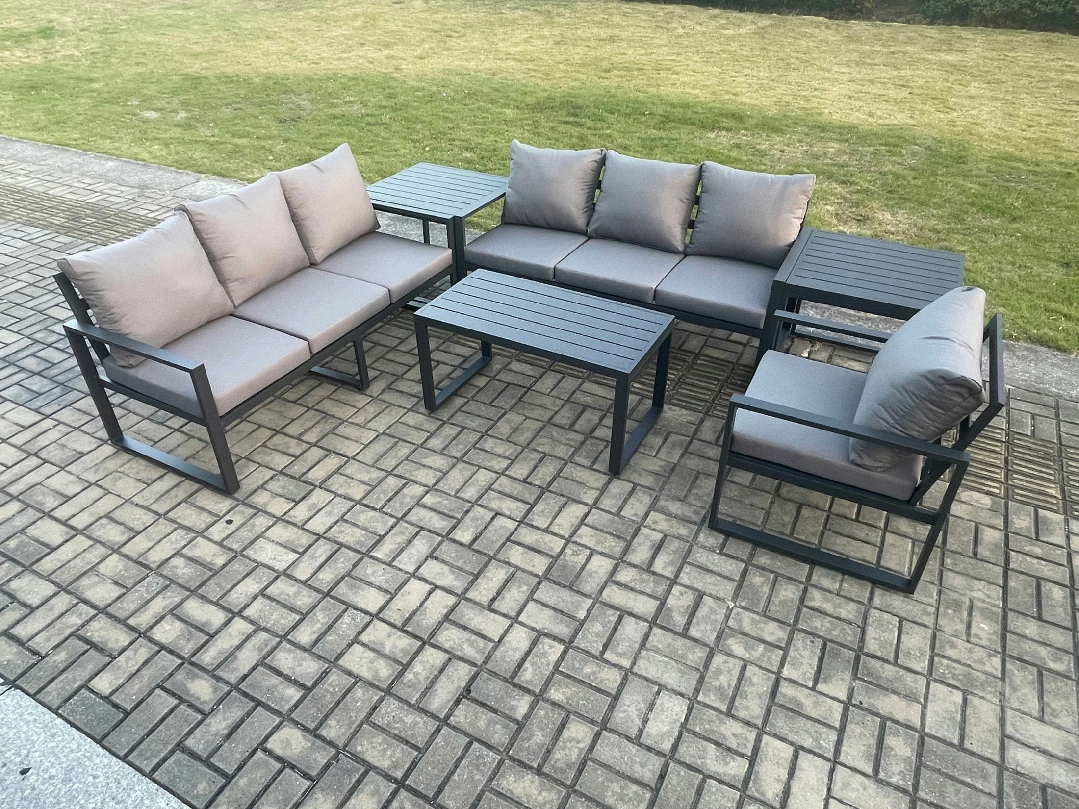 Rackhams Dark/Grey Aluminium 7 Seater Garden Furniture Outdoor Patio Sofa Set With Rectangular Coffee Table Armchair 2 Side Tables