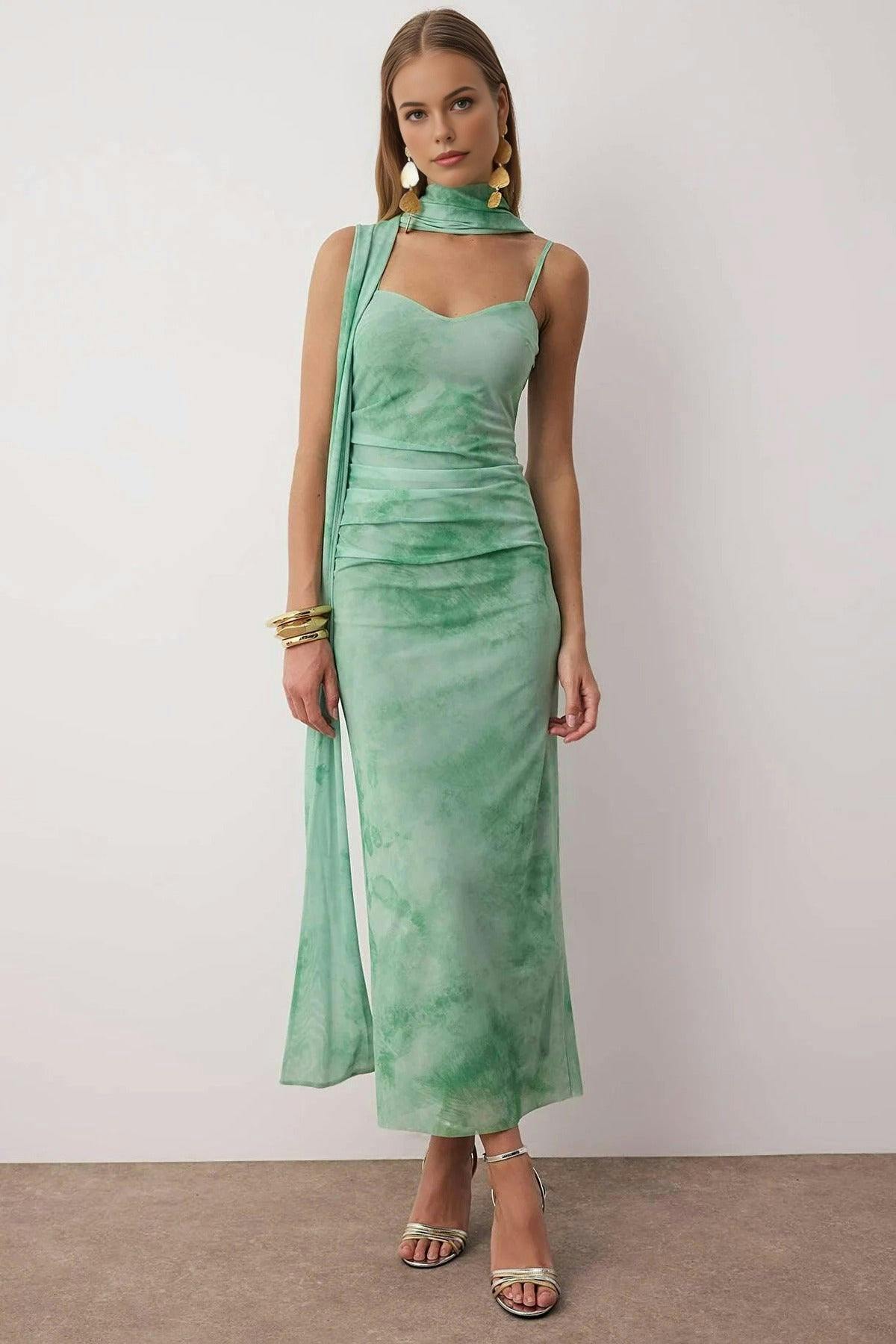 Wovcor Green Scarf Detail Tulle Maxi Knit Dress - 8
