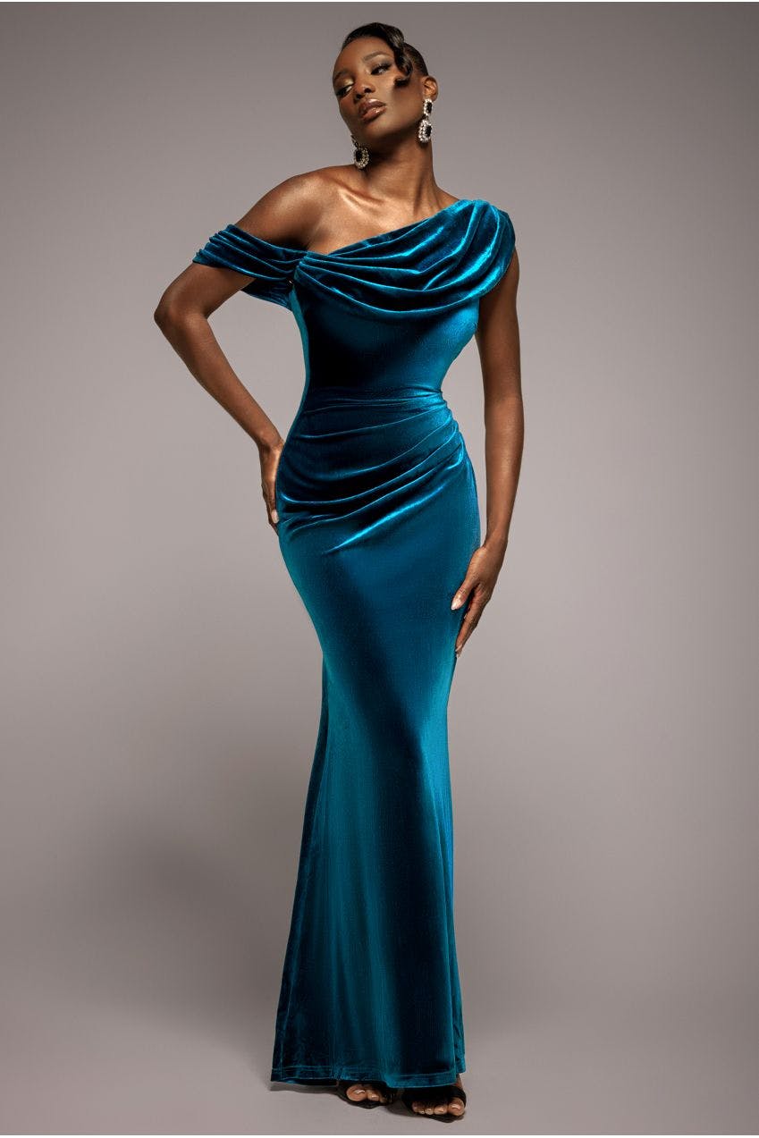 Goddiva Women's Cowl One Shoulder Velvet Maxi Dress - Teal By - Teal - 16
