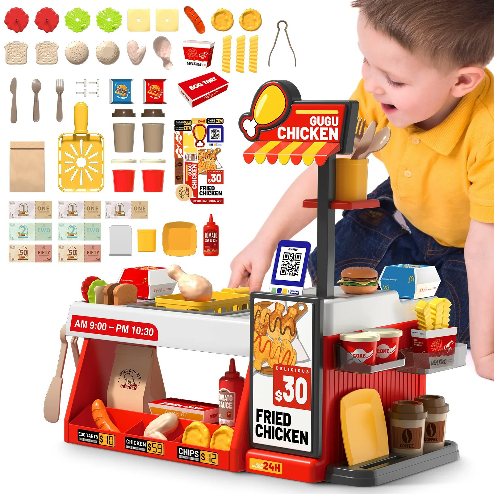 Deao Toys Red Mini Kitchen Playset Fried Chicken Shop Toy With Color-Changing Food, Burgers, Fries,Cash Register - 3+