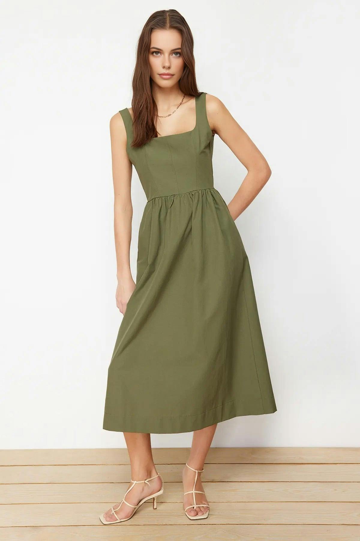 Wovcor Indigo Square Neck Thick Strap Midi Dress With Corset Seam Detail - Khaki - 12