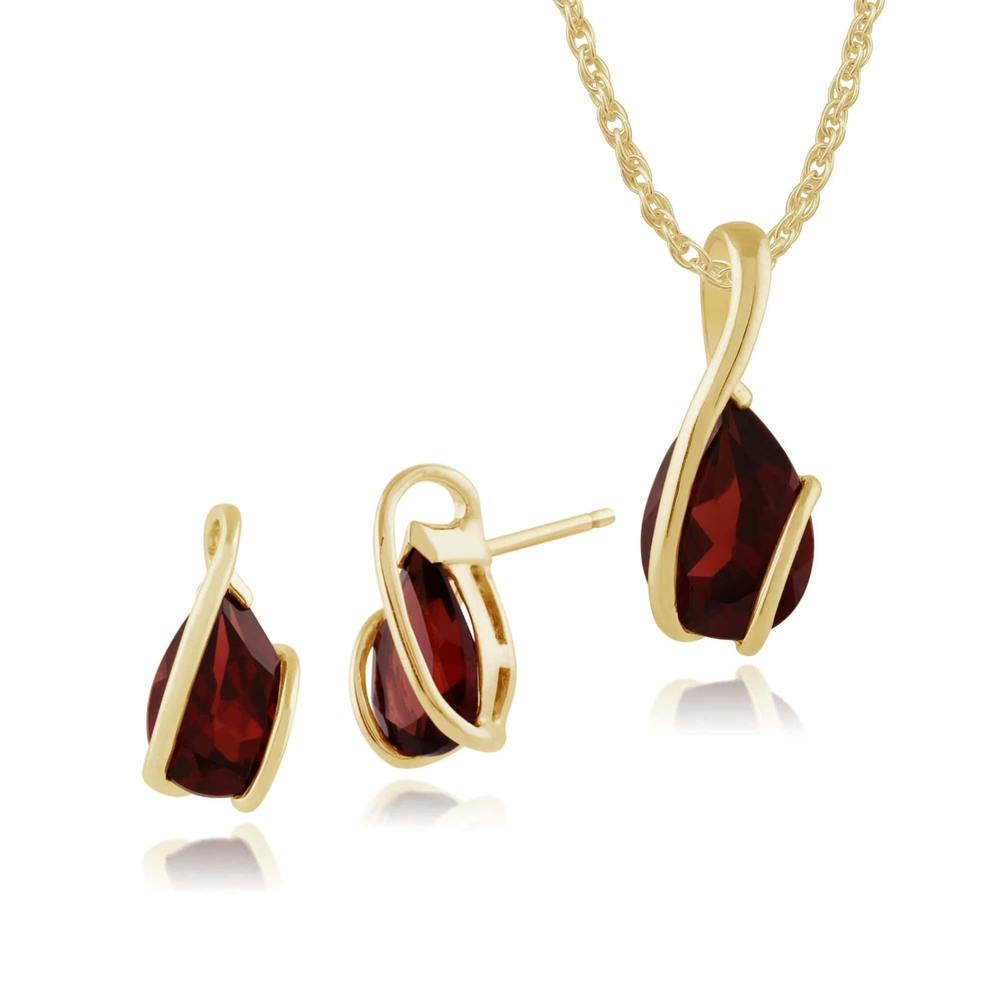 Gemondo Yellow/Gold Classic Pear Garnet Wrap Over Stud Earrings & Pendant Set In 9Ct