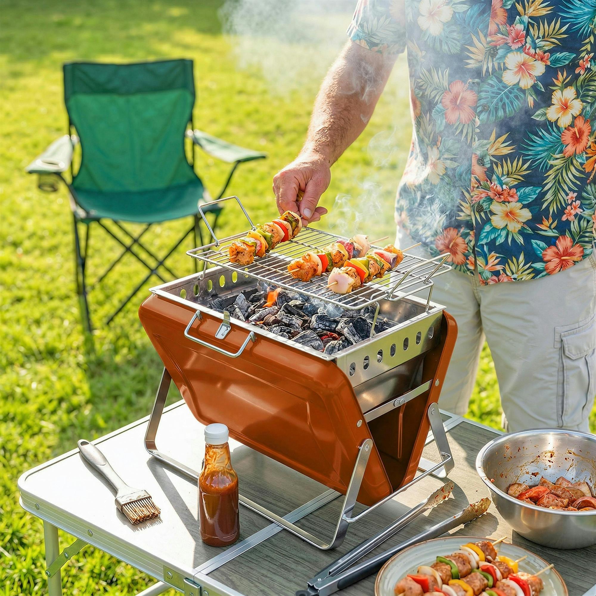 Rackhams Orange Charcoal Bbq Grill Portable With Tilting Grate - Charcoal Grill - 40 X 28 X 25.5 Cm