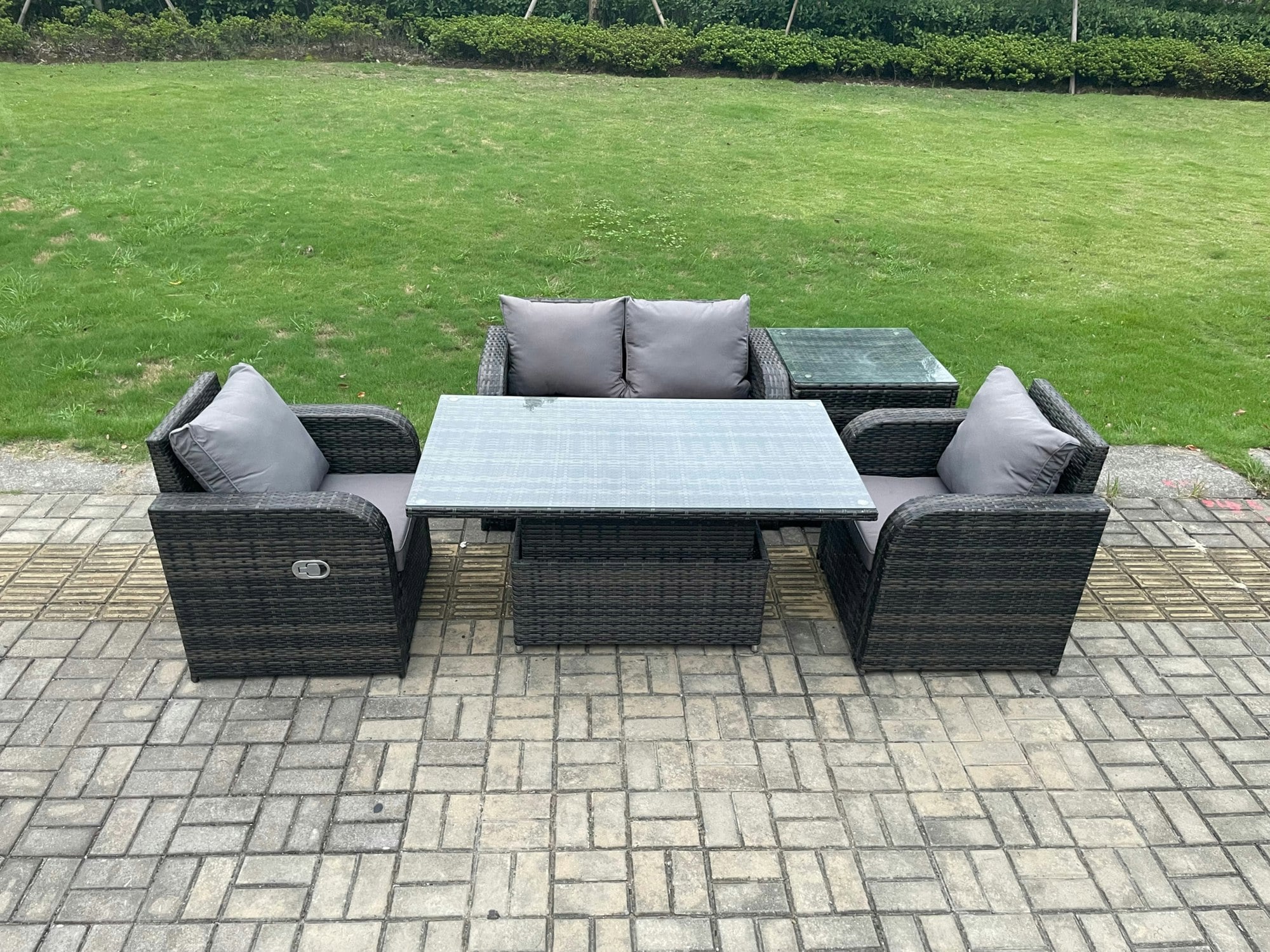 Fimous Dark/Grey Outdoor Rattan Garden Furniture Set Height Adjustable Rising Lifting Dining Table Love Sofa With Side Table Chair