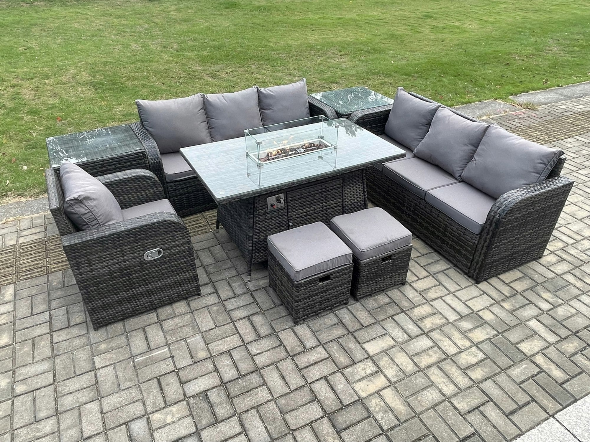 Fimous Dark/Grey 9-Seater Rattan Gas Fire Pit Dining Set | Indoor/Outdoor Reclining Sofa, Chair, Side Table, 2 Footstools