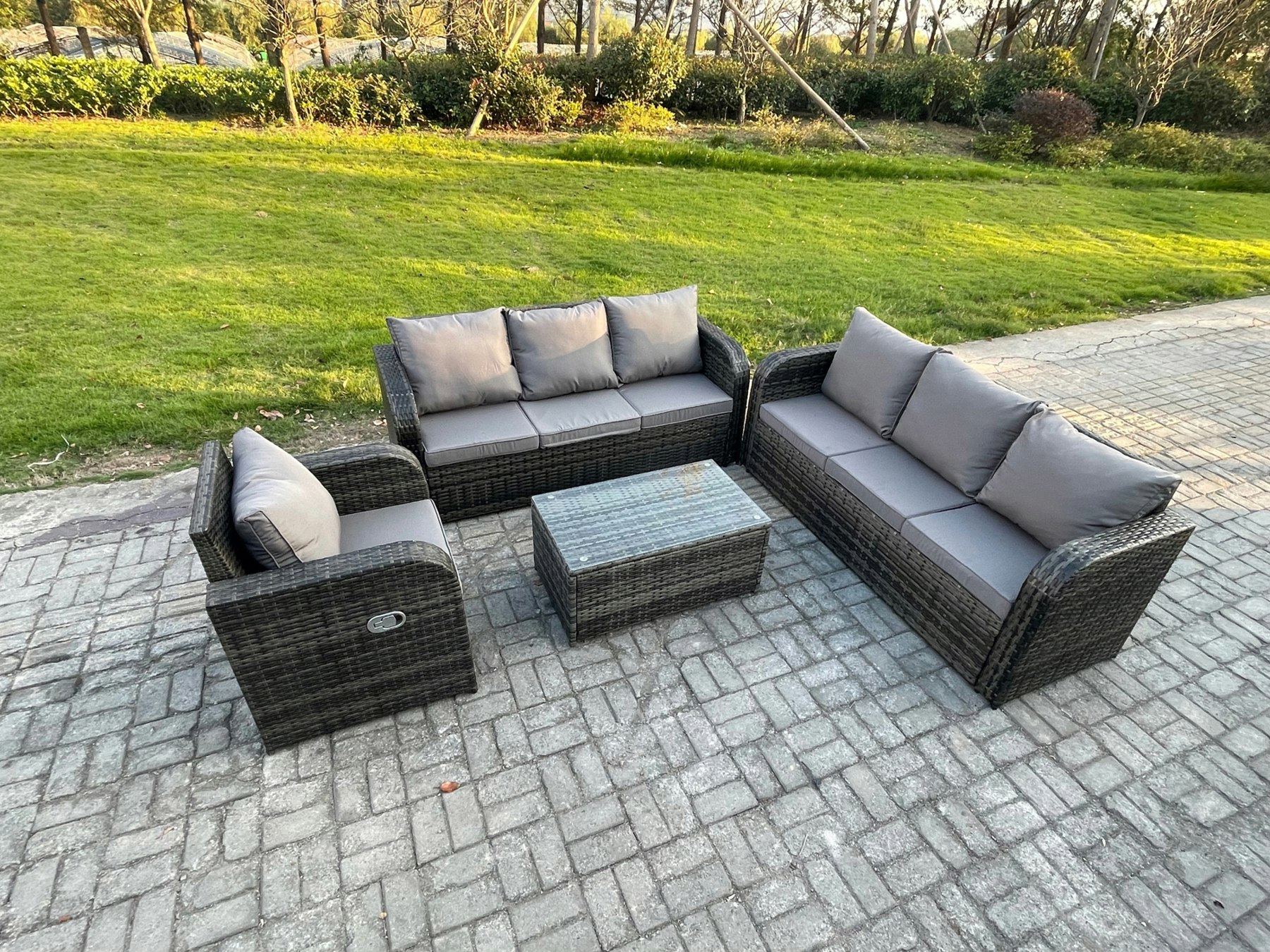 Rackhams Dark/Grey 7 Seater Rattan Outdoor Garden Furniture Sofa Set Patio Table & Chairs Set With 3 Seater Sofa Reclining Chair 3 Seater Sofa Mixed