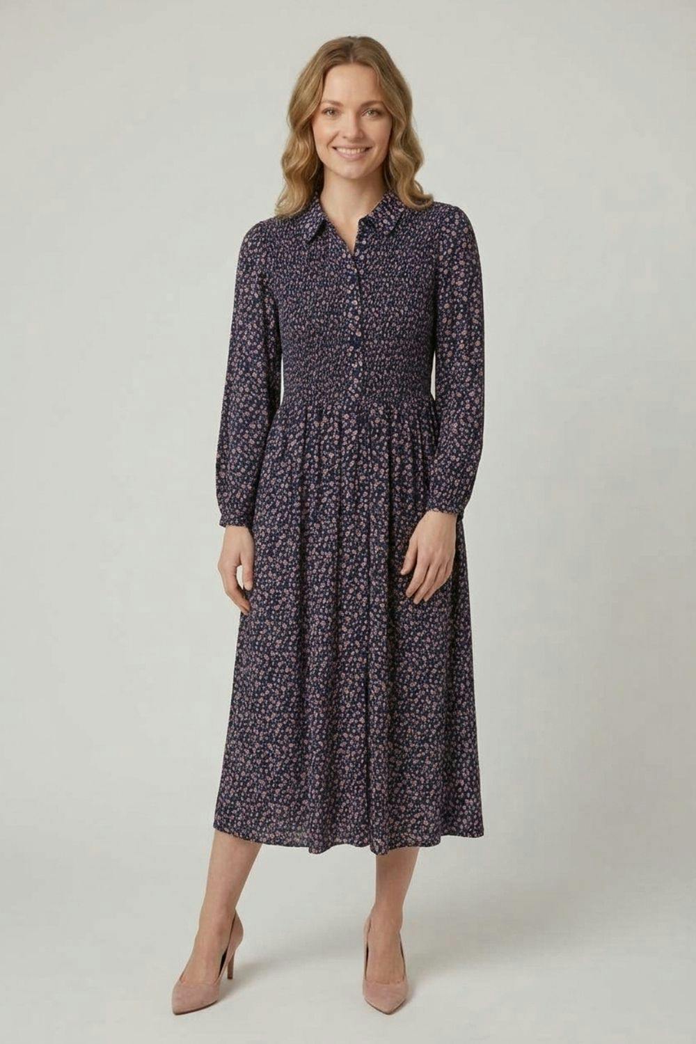 Izabel London Ditsy Floral Shirred Midi Shirt Dress - 16 - Navy