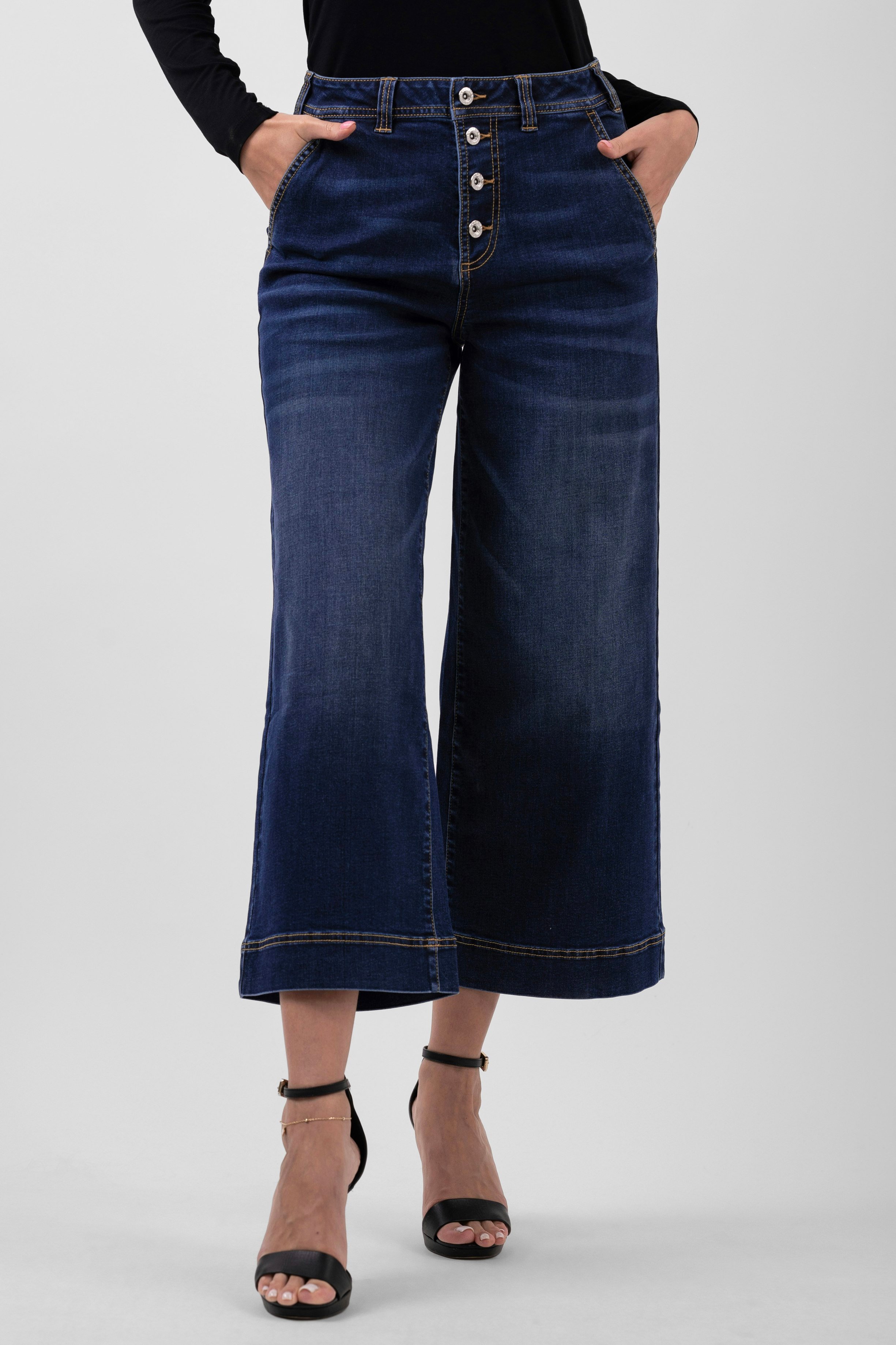 Enorsia Women's Blue High Waist Denim Culottes - 14 - 70% Cotton, 25% Poly, 2.8% Viscose, 2.2% Spandex - Deep