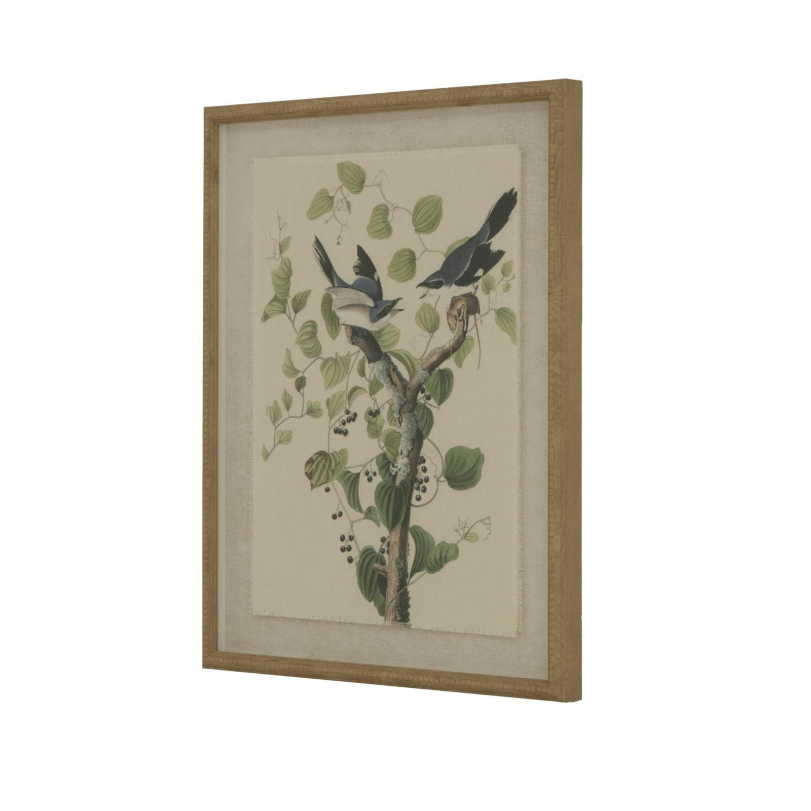 Hill Interiors Brown/White/Green Flora & Fauna Collection Shrikes Beaded Linen Framed Wall Art - 50Cm X 2Cm X 40Cm