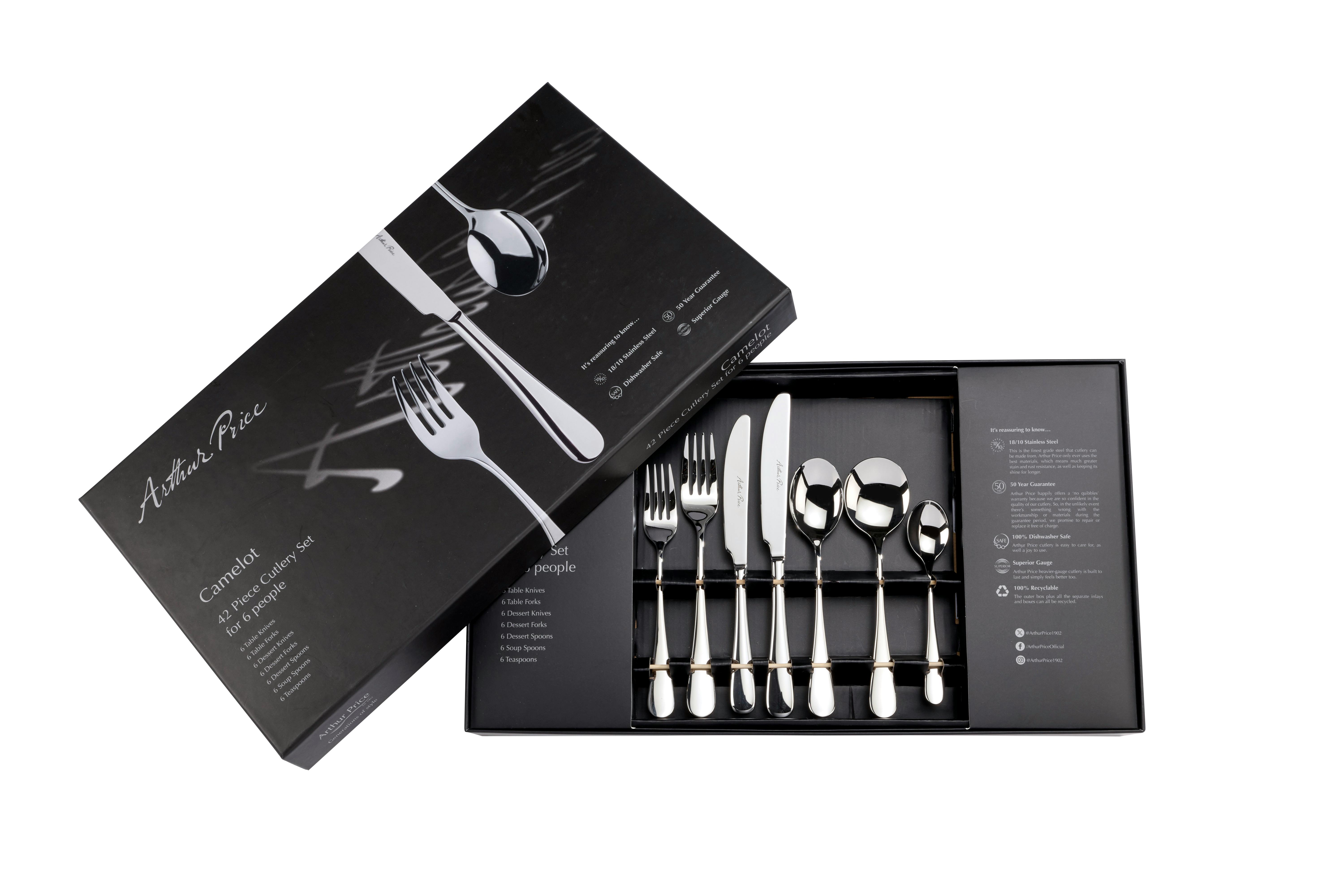 Rackhams Signature 'Camelot' 42 Piece 6 Person Gift Boxed Promotional Cutlery Set - 42 Piece - Stainless Steel - 18/10 Stainless Steel