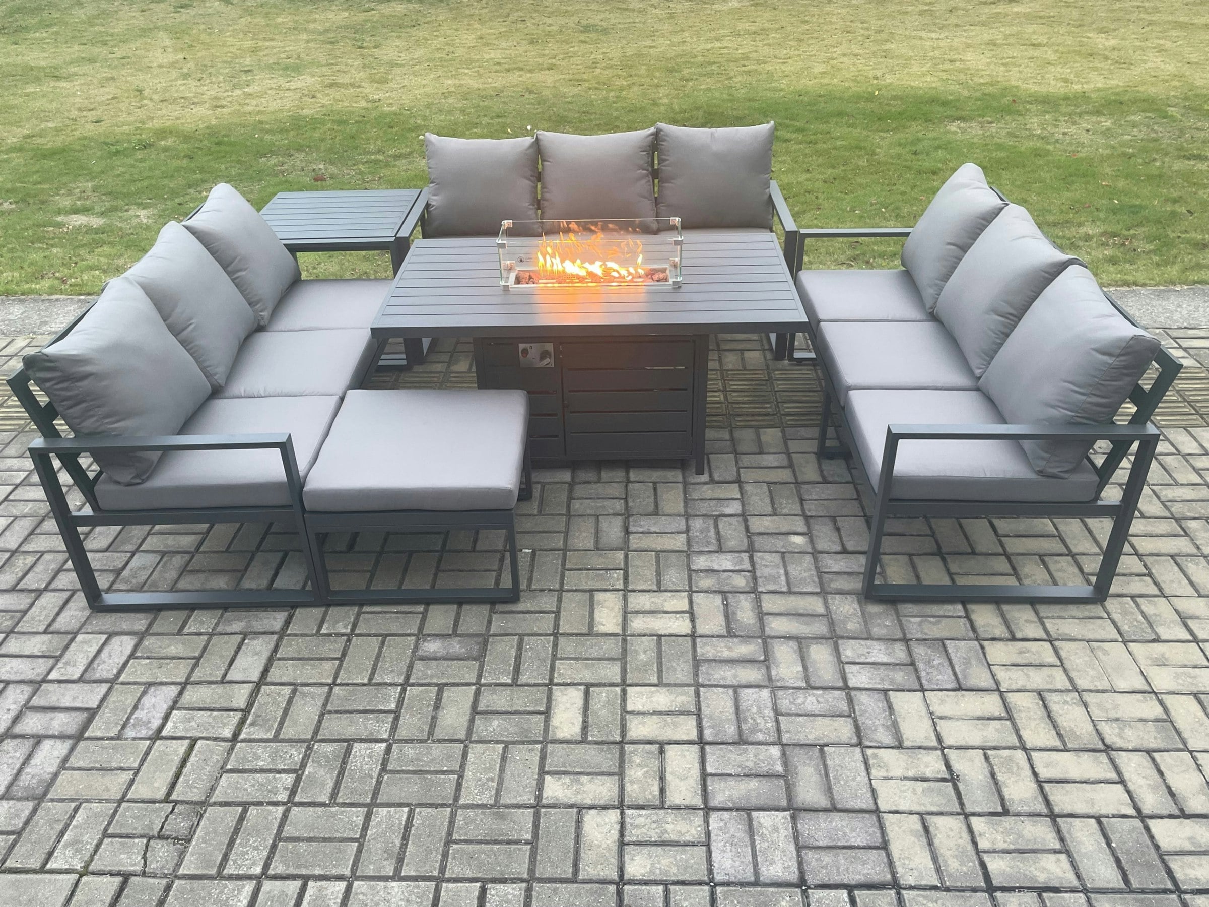 Rackhams Dark/Grey Aluminium 10 Seater Garden Furniture Outdoor Set Patio Lounge Sofa Gas Fire Pit Dining Table Set With Big Footstool Side Table