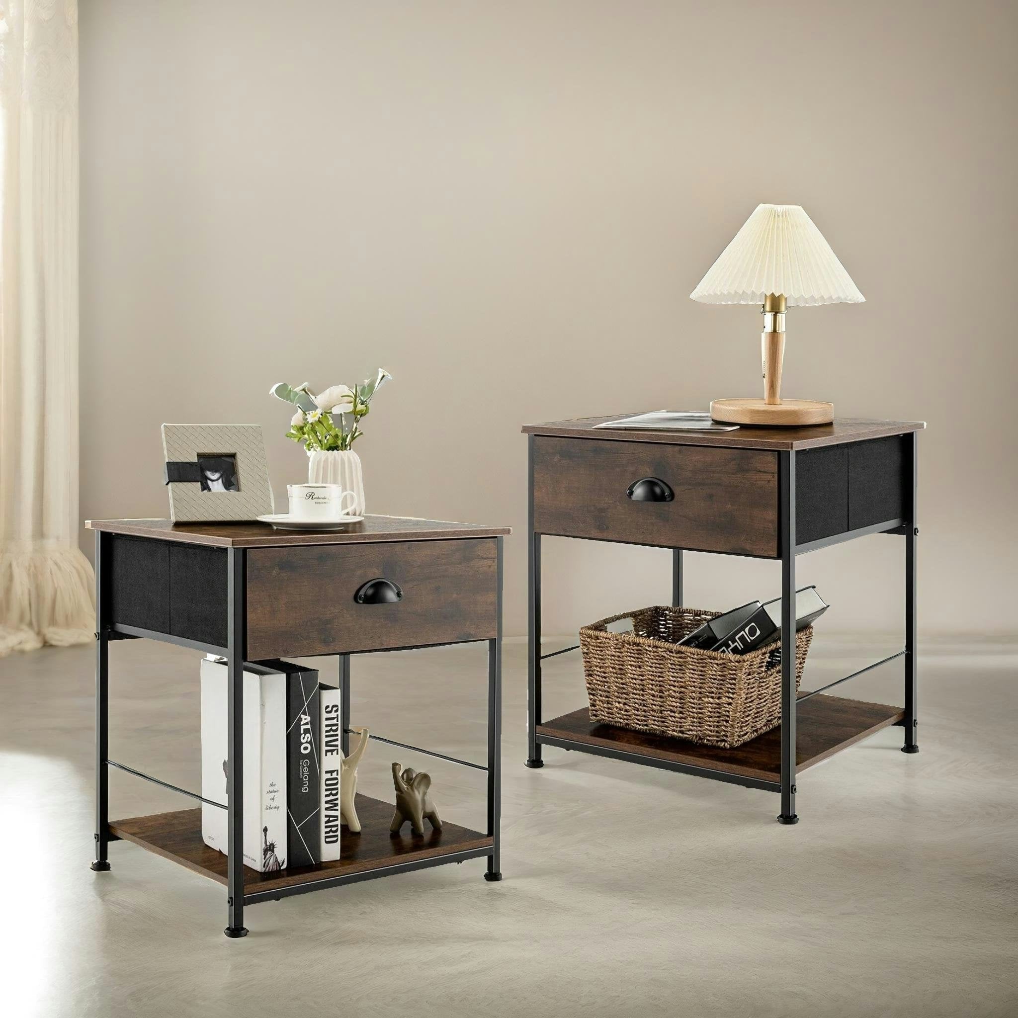 Rackhams Brown Set Of 2 Industrial Bedside Nightstand Tables With Drawer