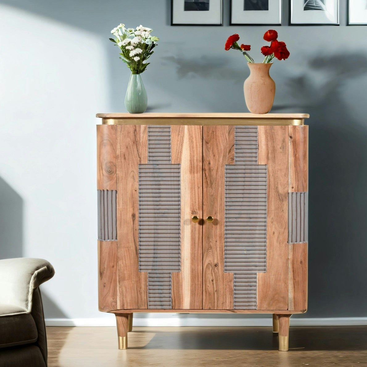 Ih Design Grey/Grain Alaina Acacia Wood 2 Doors Sideboard - Lacquered - Wood - 1