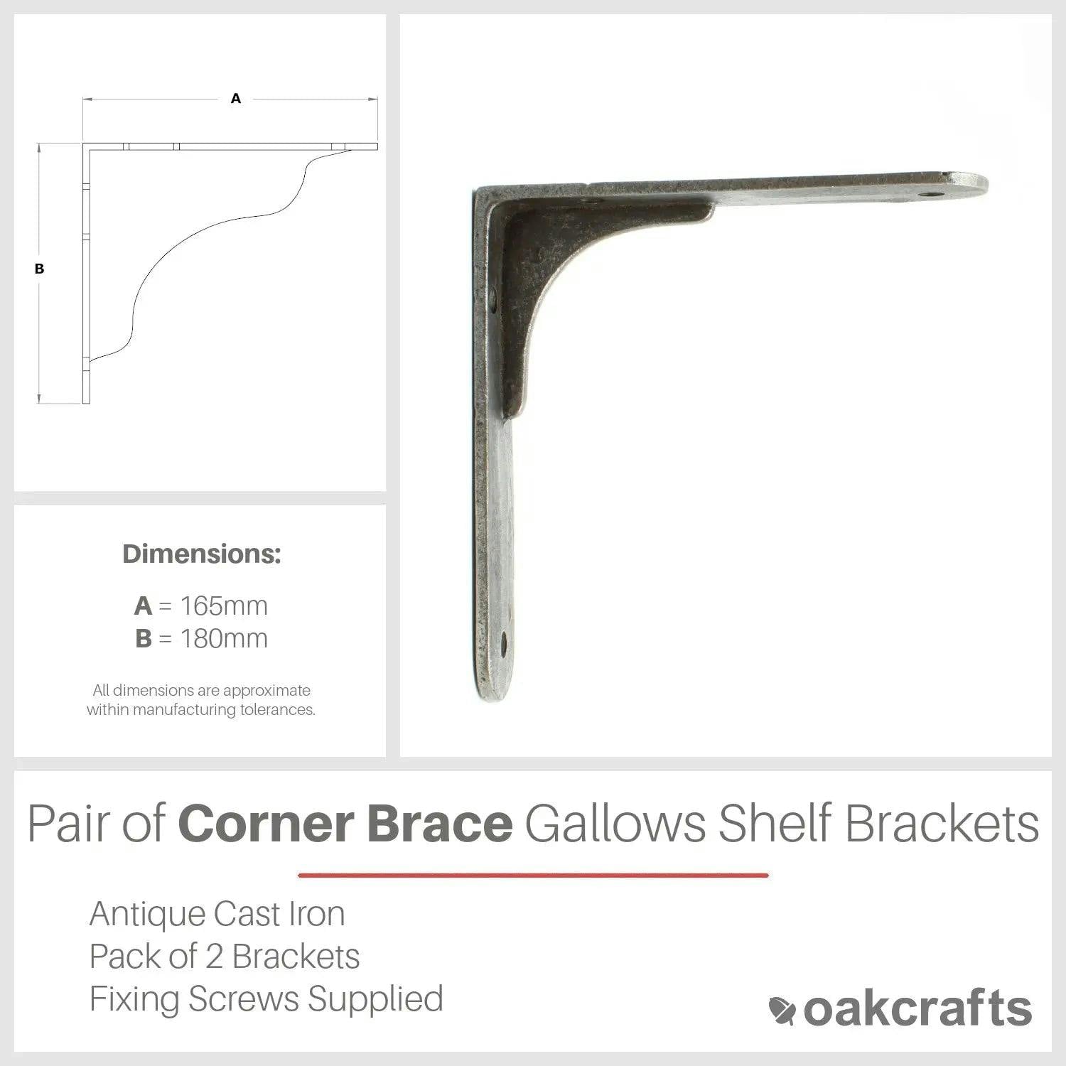 Pair of Corner Brace Gallows Style Antique Cast Iron Shelf Brackets - 165mm x 180mm - Image 2