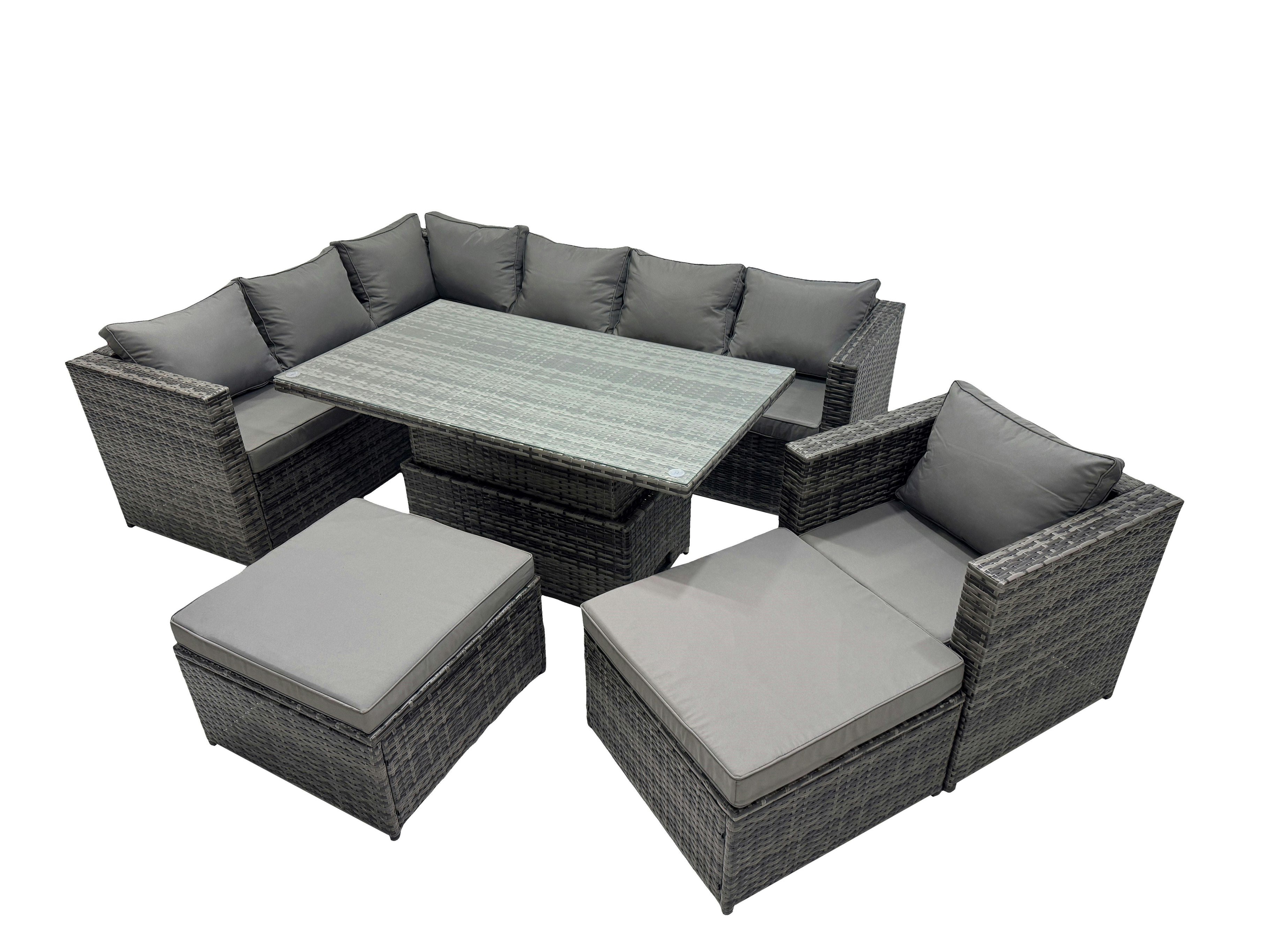 Fimous Dark/Grey 9 Seater Height Adjustable Rising Lifting Table Corner Sofa Set Rattan Garden Furniture Dining Set With 2 Big Stool Mixed