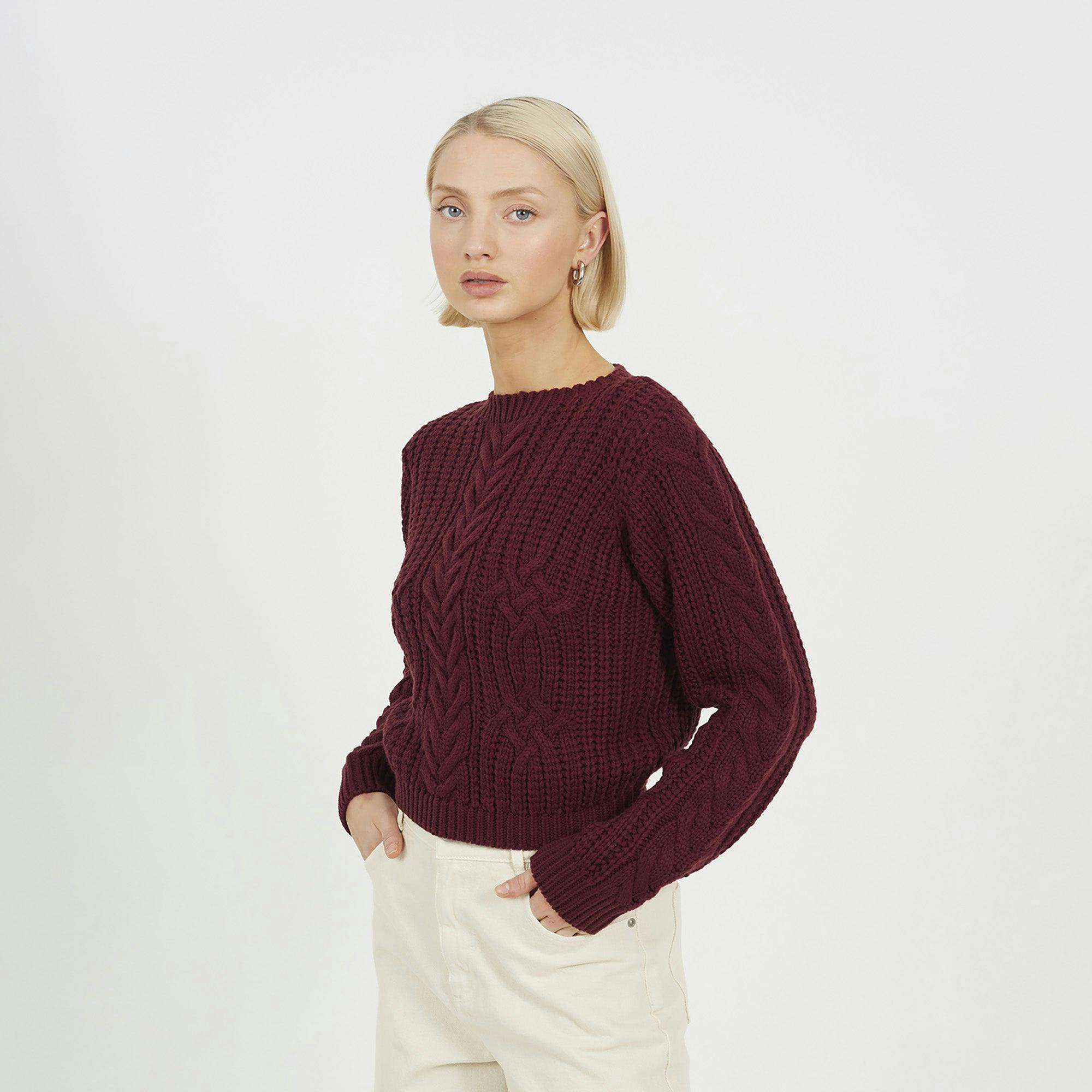 Brave Soul Burgundy Crew Neck Cable Knit Jumper - Xs