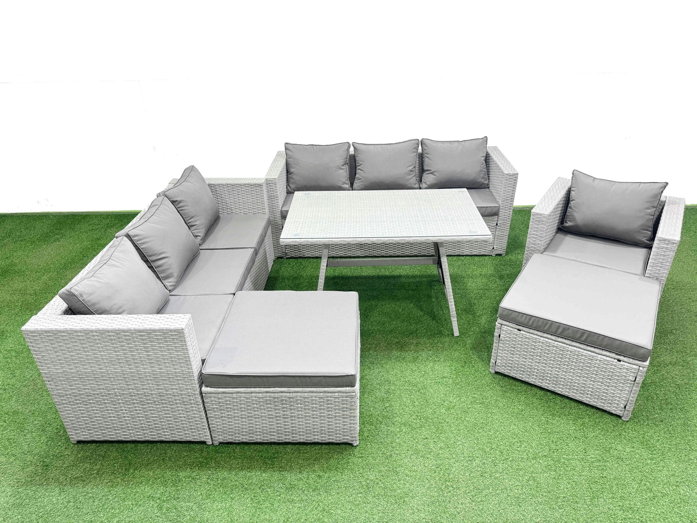 Rackhams Light/Grey/Dark Outdoor Rattan Garden Furniture Dining Set 9 Seater Patio Rectangular Table 3 Seater Sofa Armchair Set With 2 Big Stools