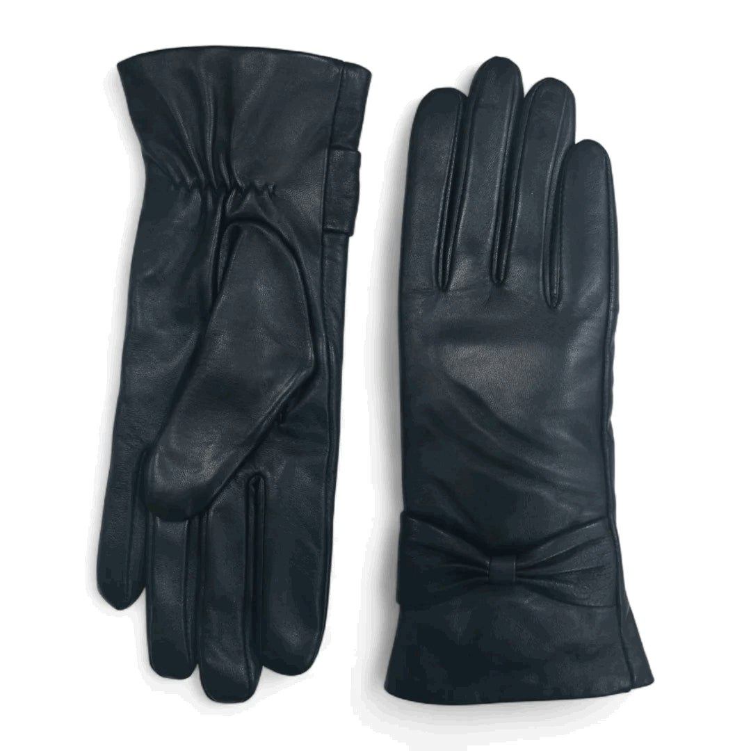 Infinity Leather Women's Black Leather Wool Lined Bow Knot Accent Gloves - Large