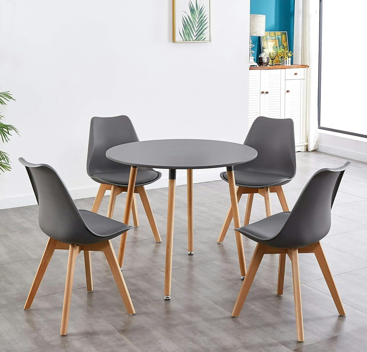 Portland 4 Seater Round Dining Set Grey Plastic/Faux Leather - Image 3