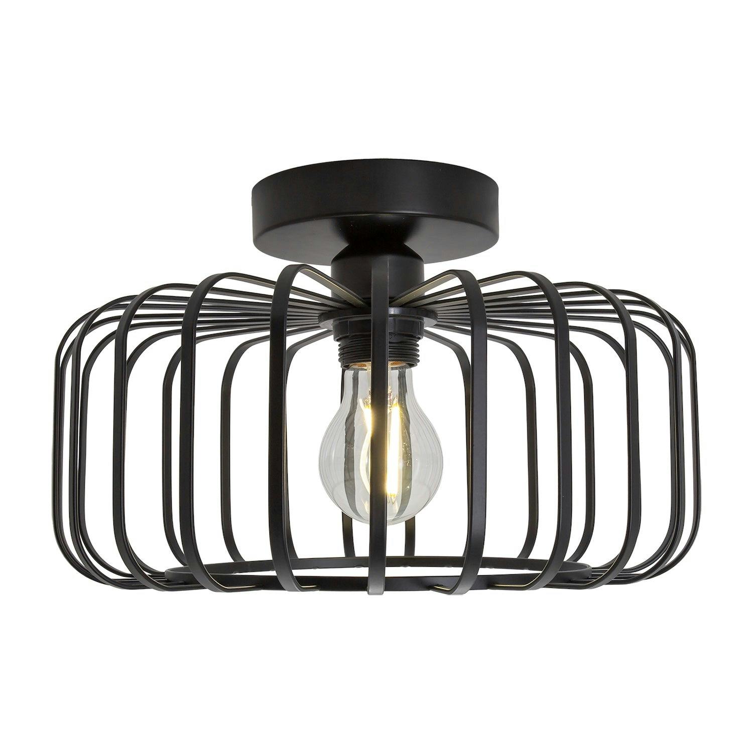 Happy Homewares Black/Light Industrial Cage Designed Matte Metal Semi Flush Ceiling