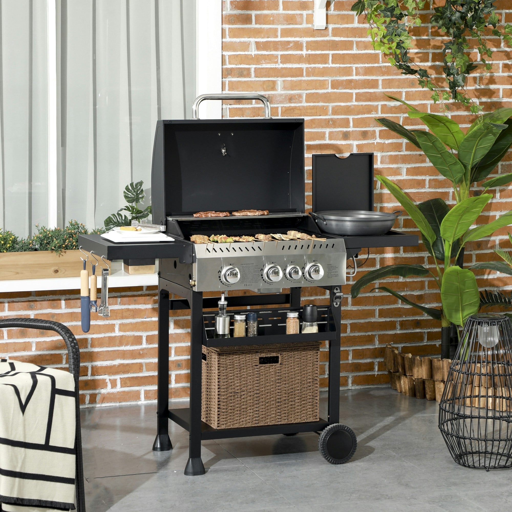Outsunny Unisex Jet Black Gas Burner Grill, Propane Gas Barbecue Bbq Grill With Wheels, Warming Rack, Shelves, Thermometer, Bottle Opener, Black In Large - Image 5