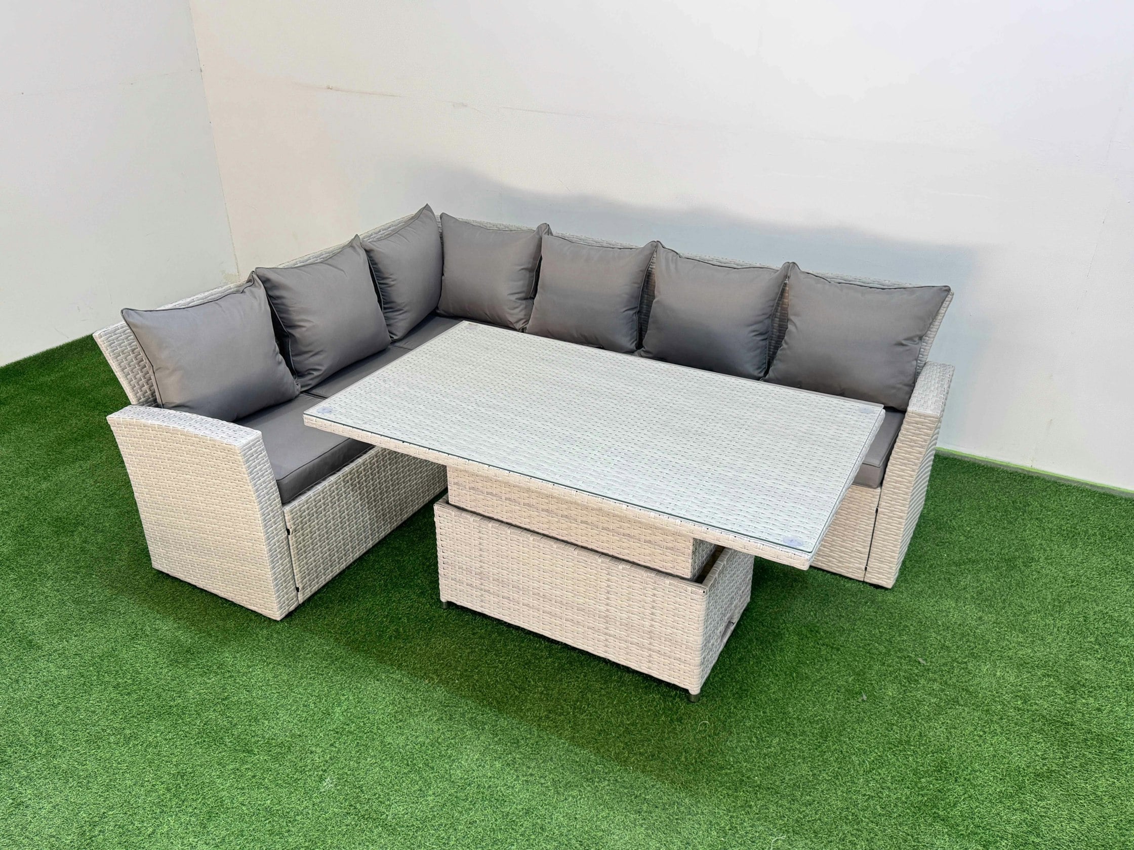 Fimous Light/Grey 6 Seat Rattan Outdoor Garden Furniture Corner Sofa Set Adjustable Lifting Dining Or Coffee Table Set