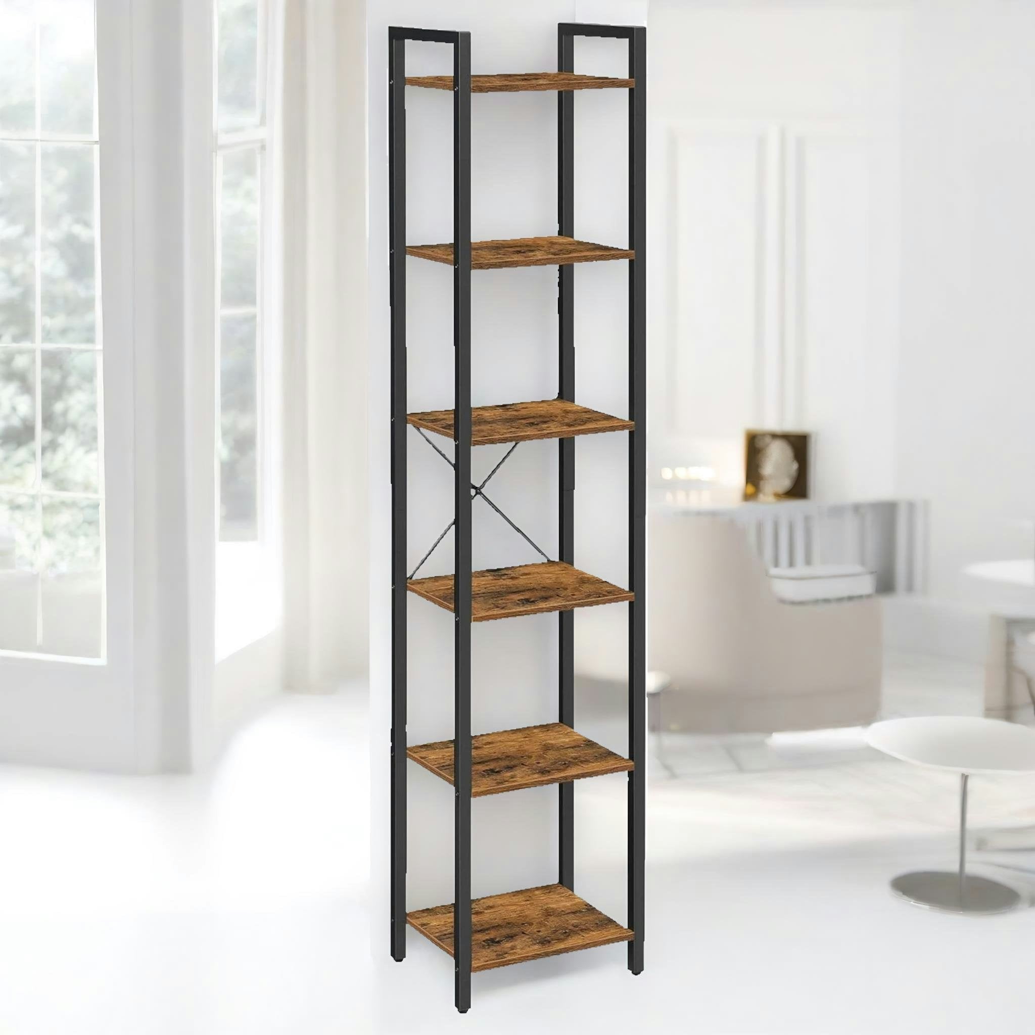 Rackhams Brown 187.5Cm Tall Bookcase Industrial Rustic Free-Standing
