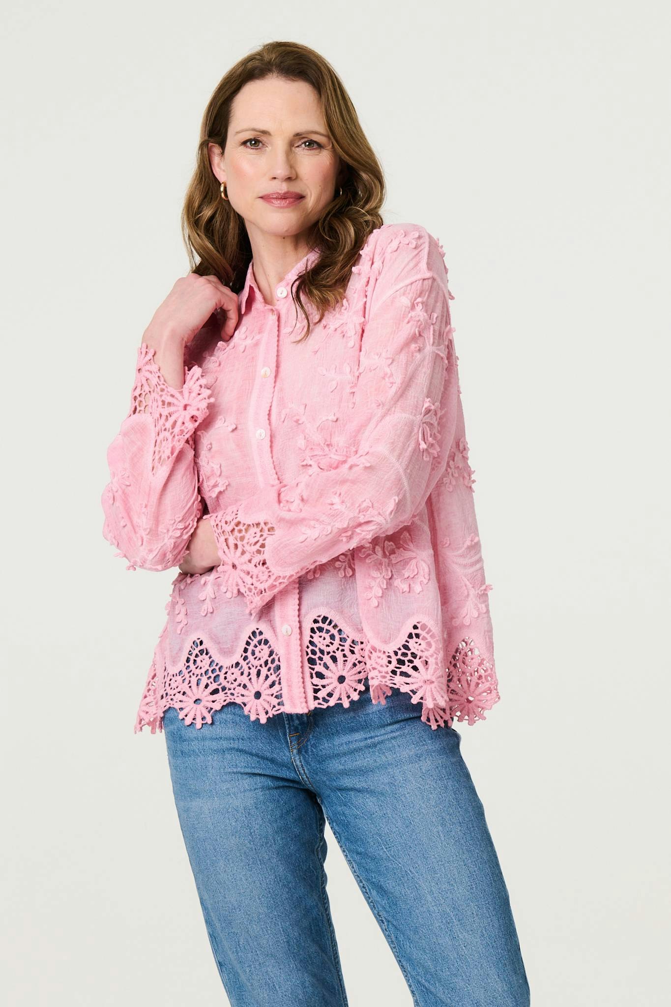 Izabel London Pink Embroidered Lace Long Sleeve Shirt - S/M
