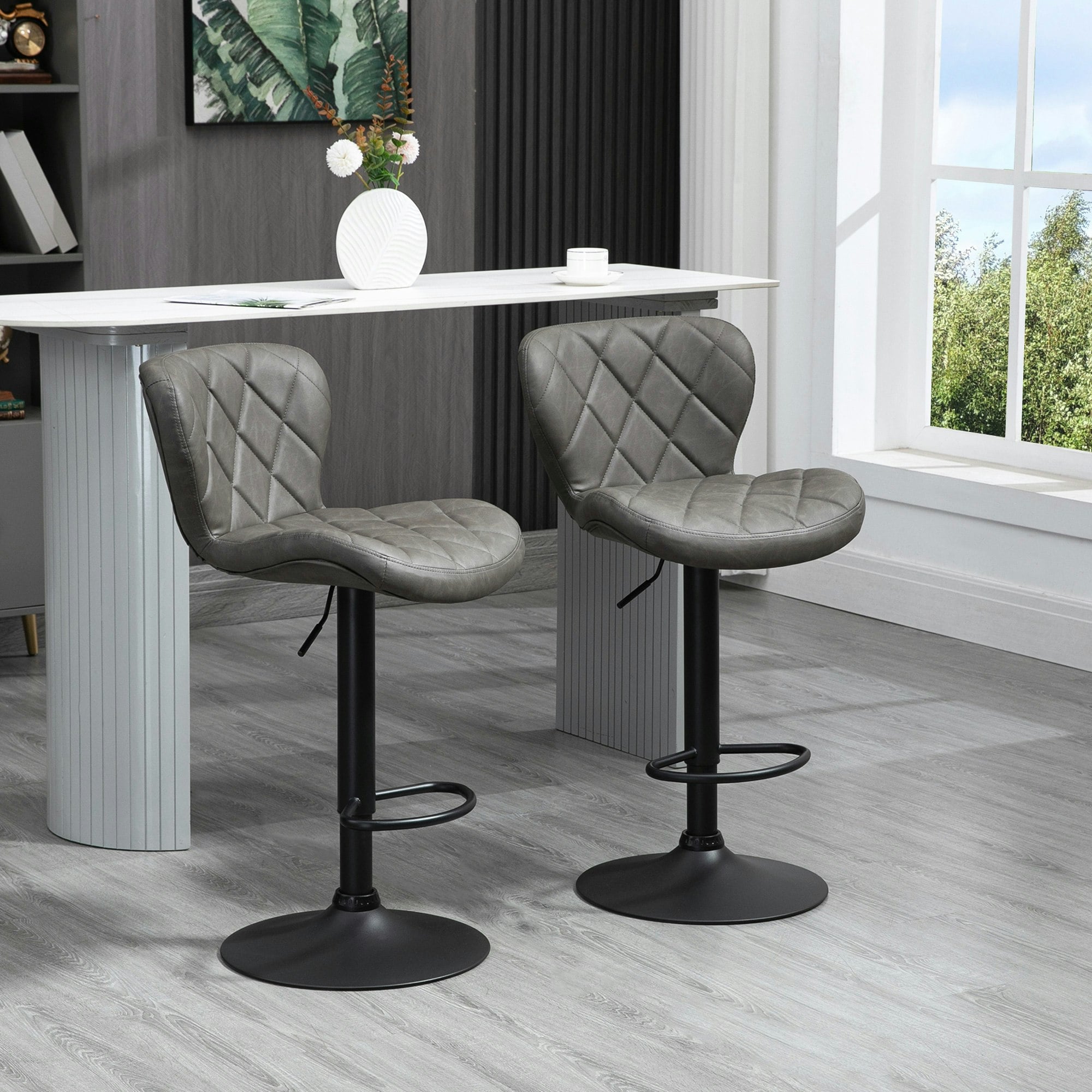 Homcom Dark/Grey Adjustable Height Bar Stools Set Of 2, Swivel Barstools
