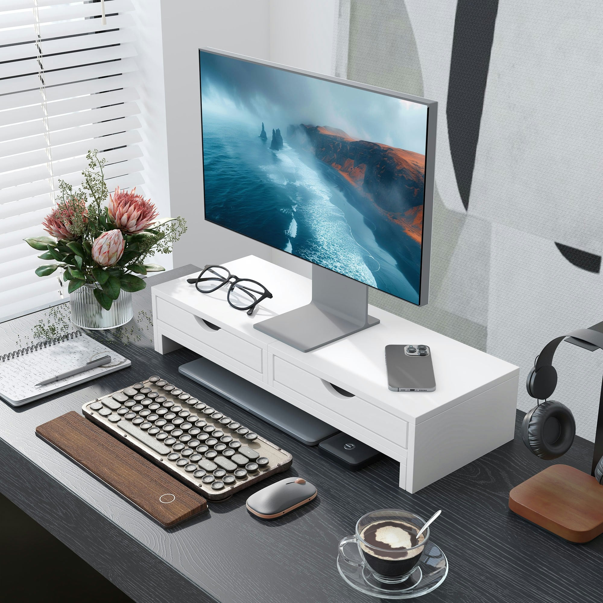 Homcom Black/White Dual Monitor Stand Riser With Adjustable Length And Angle,