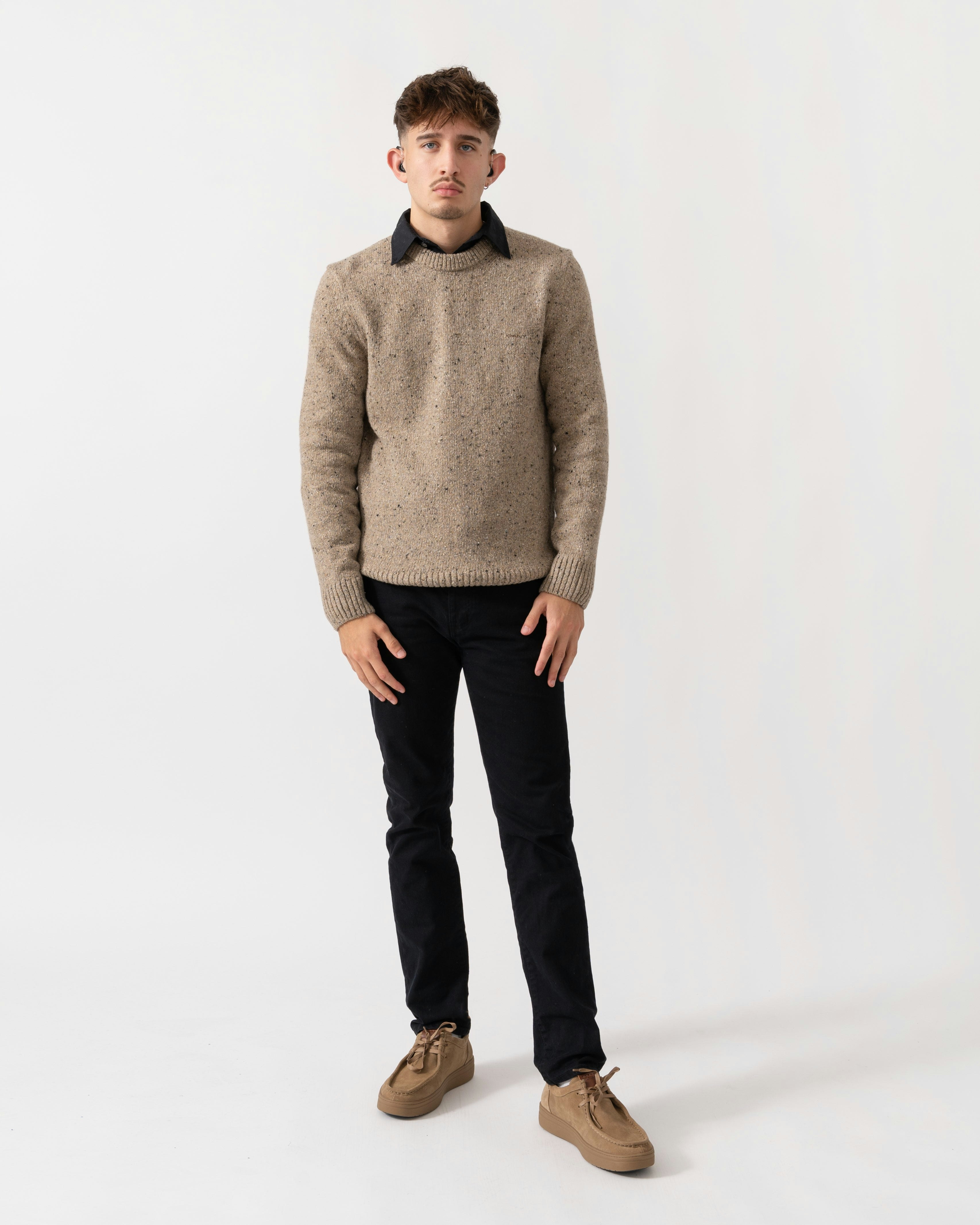 Gant Men's Dark Wool Blend Neps Crew Neck Jumper - 295 Sand Melange - 295 Sand Melange - M